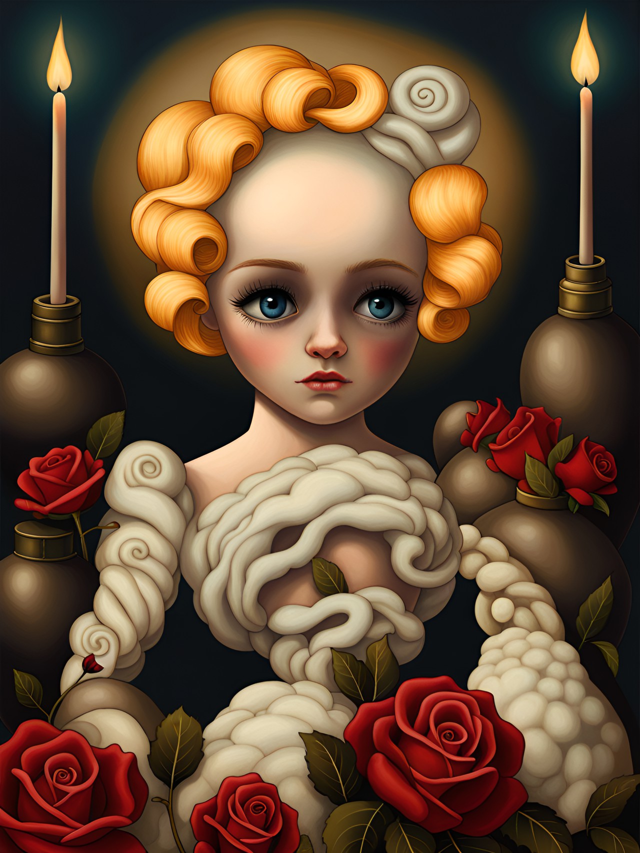 sorrow, ashes, loneliness, roses, broken voodoo doll, blood, dust, smoke, fire, victorian gilded age, by margaret keane, grant wood, bill carman,& ray caesar preview