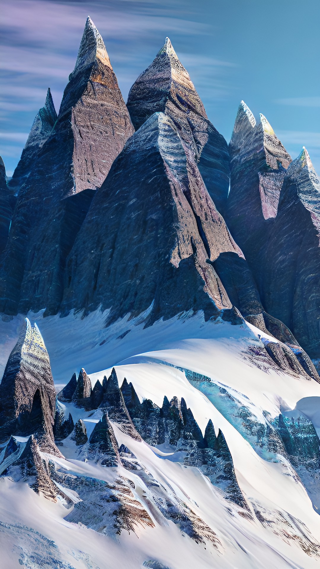 create an otherworldly and surreal mountain range - a towering mountain range of jagged spires and twisted peaks, coated in iridescent blues and purples that ripple like the aurora borealis. hyper detailed, hyper realistic, astral, elaborate, meticulous, complex. preview