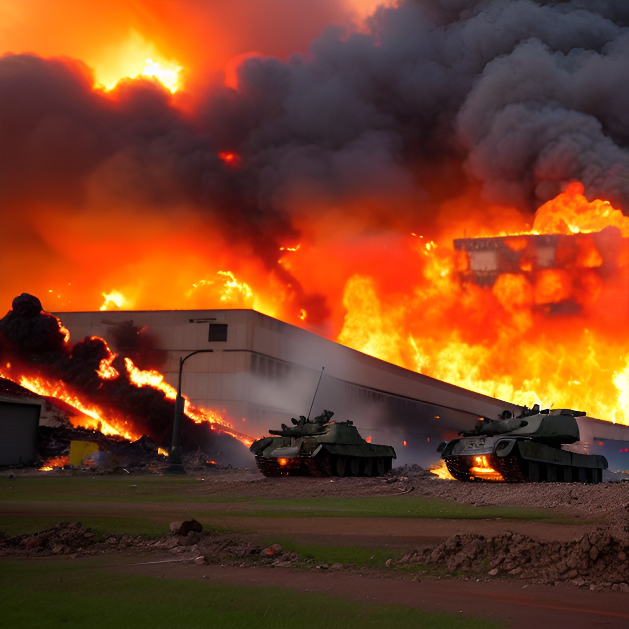 Urban Warfare - tanks driving out of town. buildings and rubble smoldering and collapsing. explosions in background. preview