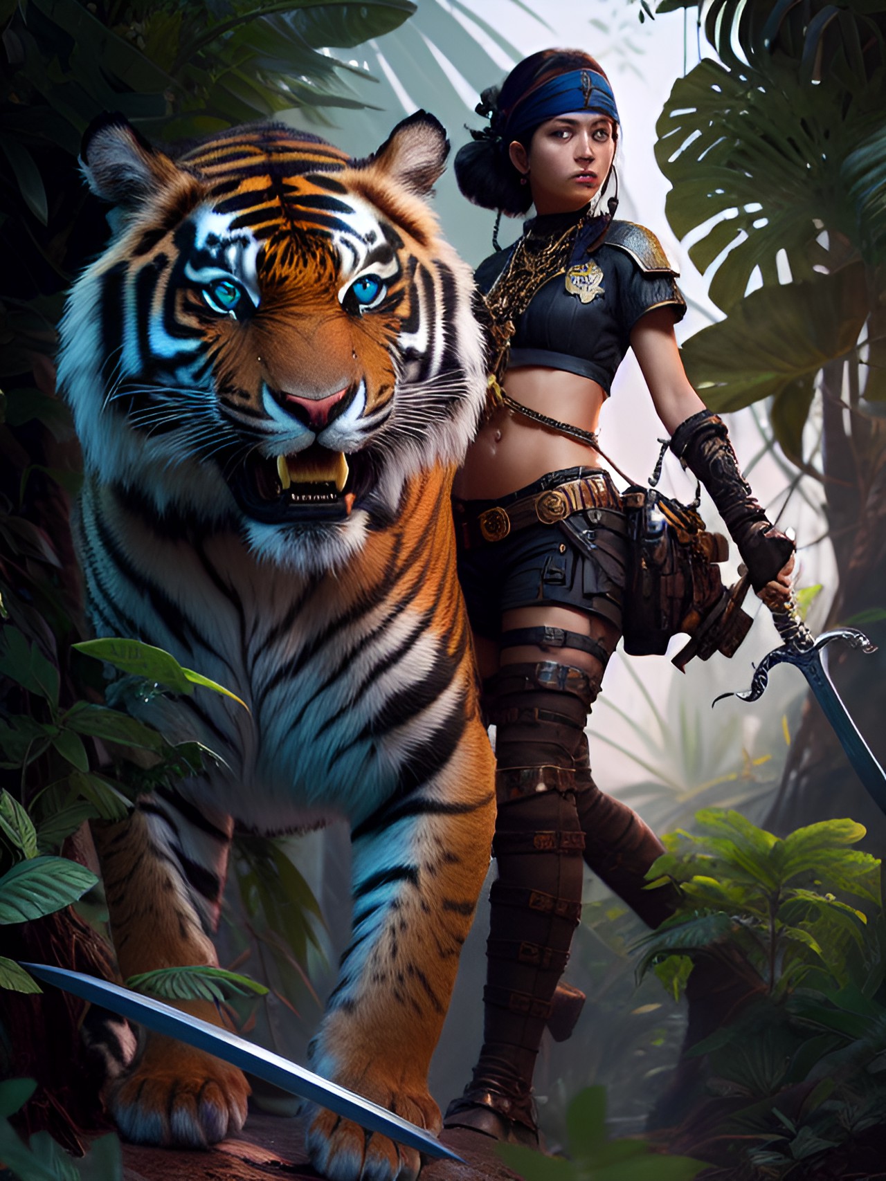 Ferocious Friends - pirate woman with swords and giant tiger in tropical jungle preview