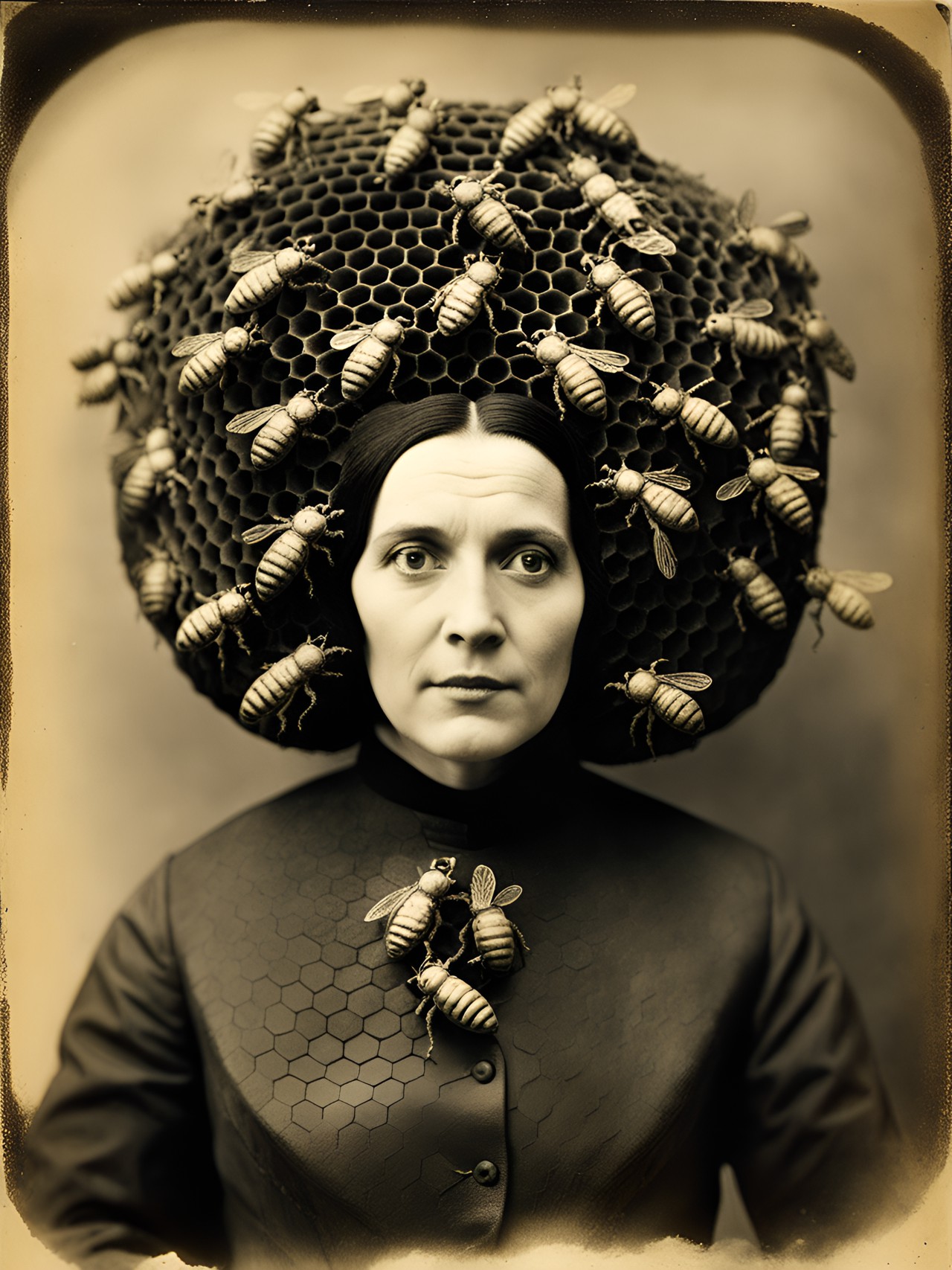 tintype of a bees nest honeycombs burrowed into a bald woman’s head, artistic collaboration, 1900’s by leonora carrington arthur tress, franz kafka, jheronimus bosch, louis daguerre preview