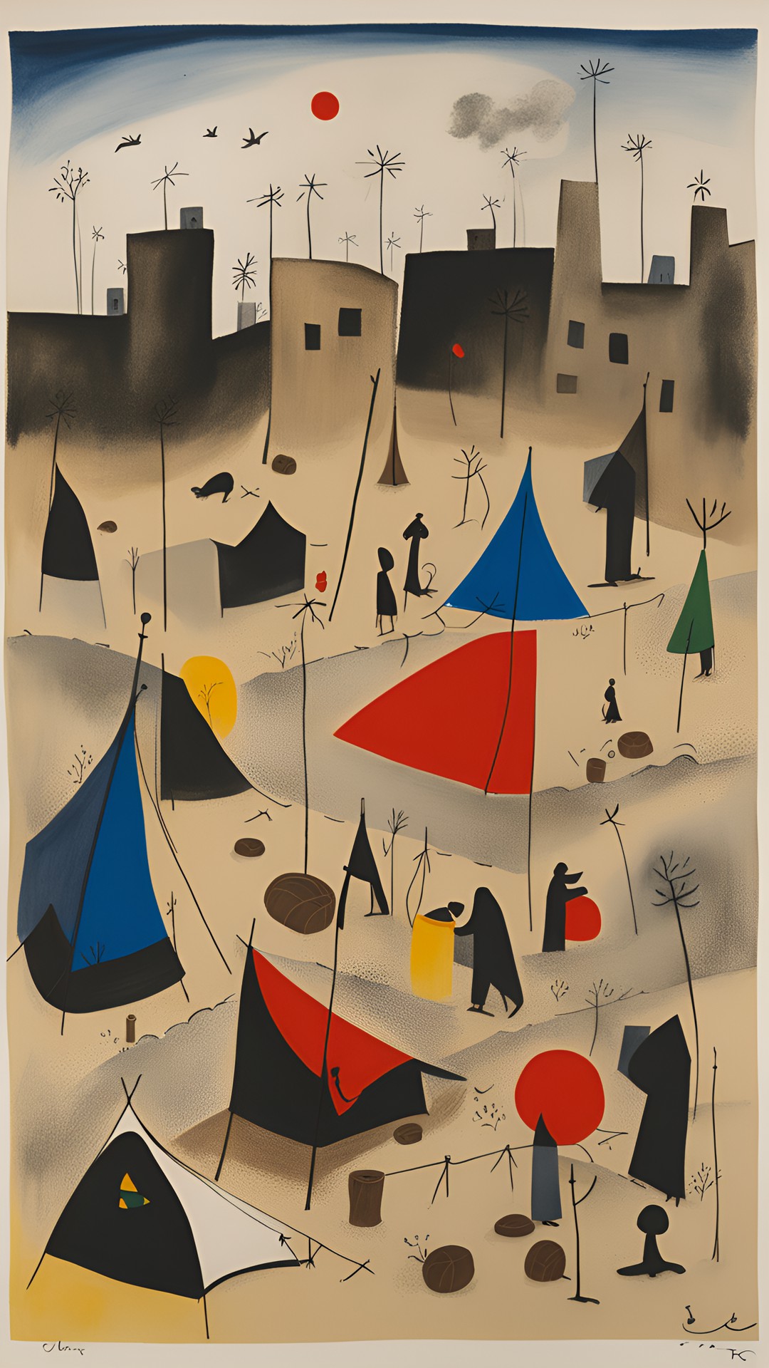 homeless encampment in a vacant lot by joan miró preview