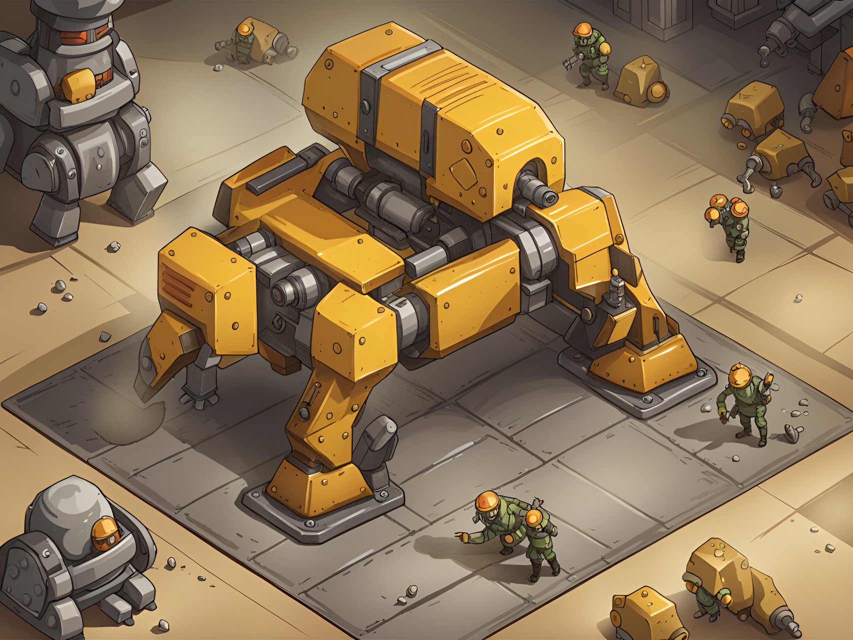 the illustration is for the game guns & butter; a light euro strategy game with worker placement mechanics. this card shows a squatting robotic mortar the size of a large dog. preview