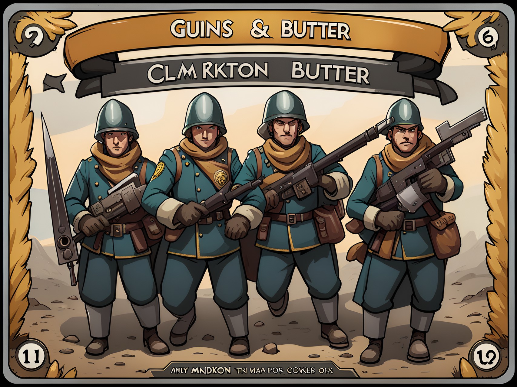 the illustration is for the game guns & butter; a light euro strategy game with worker placement mechanics. this card shows a platoon of a clockwork army. preview