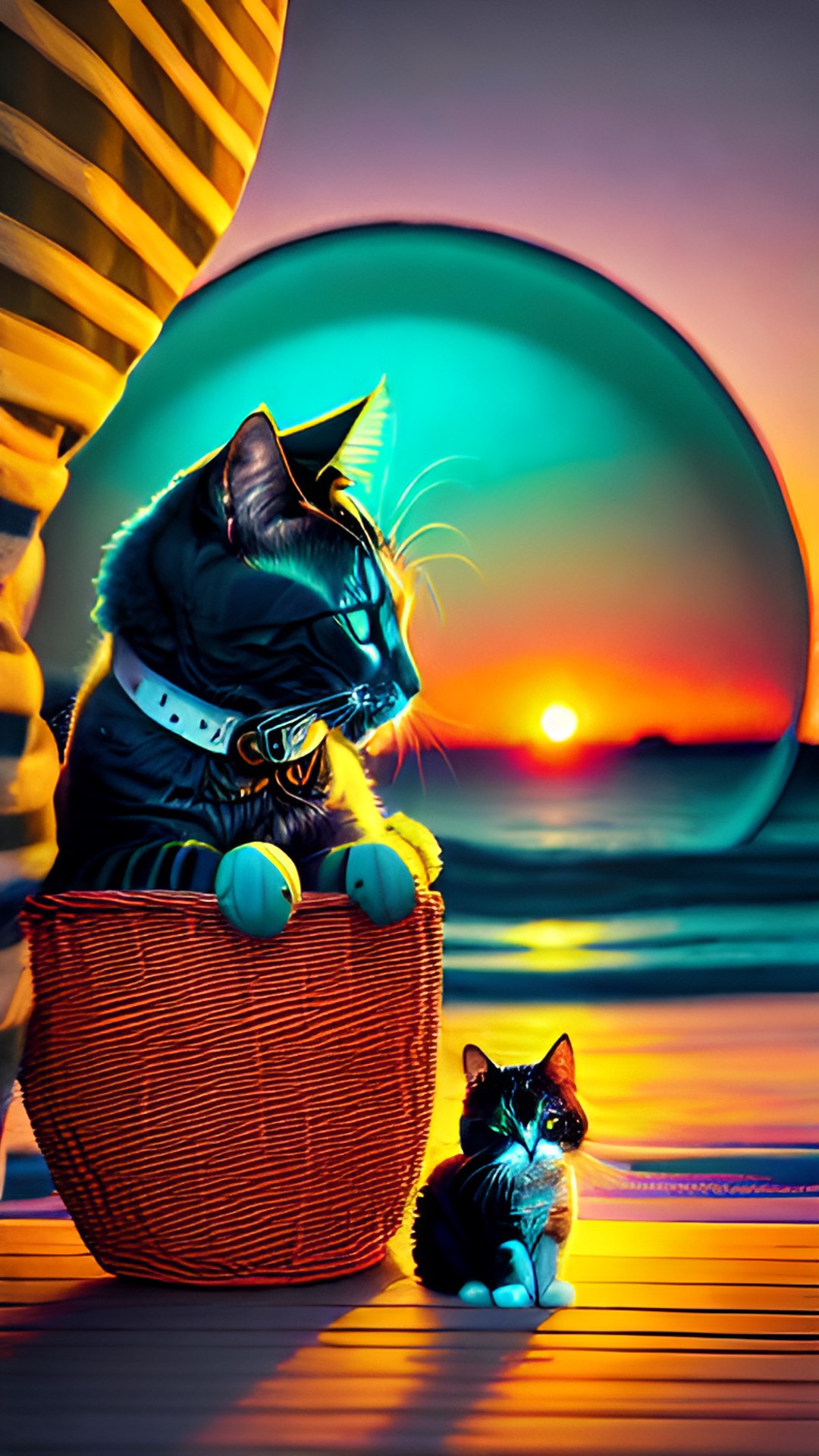 Beans - a turquoise sunset with 1 small yellow planet and one large black planet in the distance. a fluffy grey cat watches the sunset while laying upon wicker basket filled with human skulls and old tattered gas masks preview