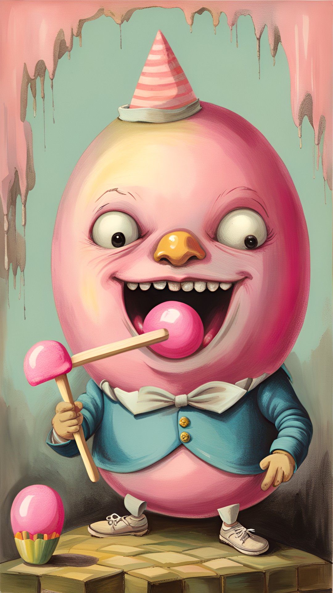 Humpty-Dumpty - vintage, eerie, creepy, detailed, bright pastels, strange, darling humpty dumpty eating a pink popsicle. preview