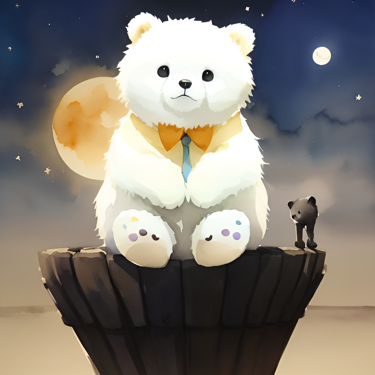 cute kawaii white bear sitting on a half moon at night preview