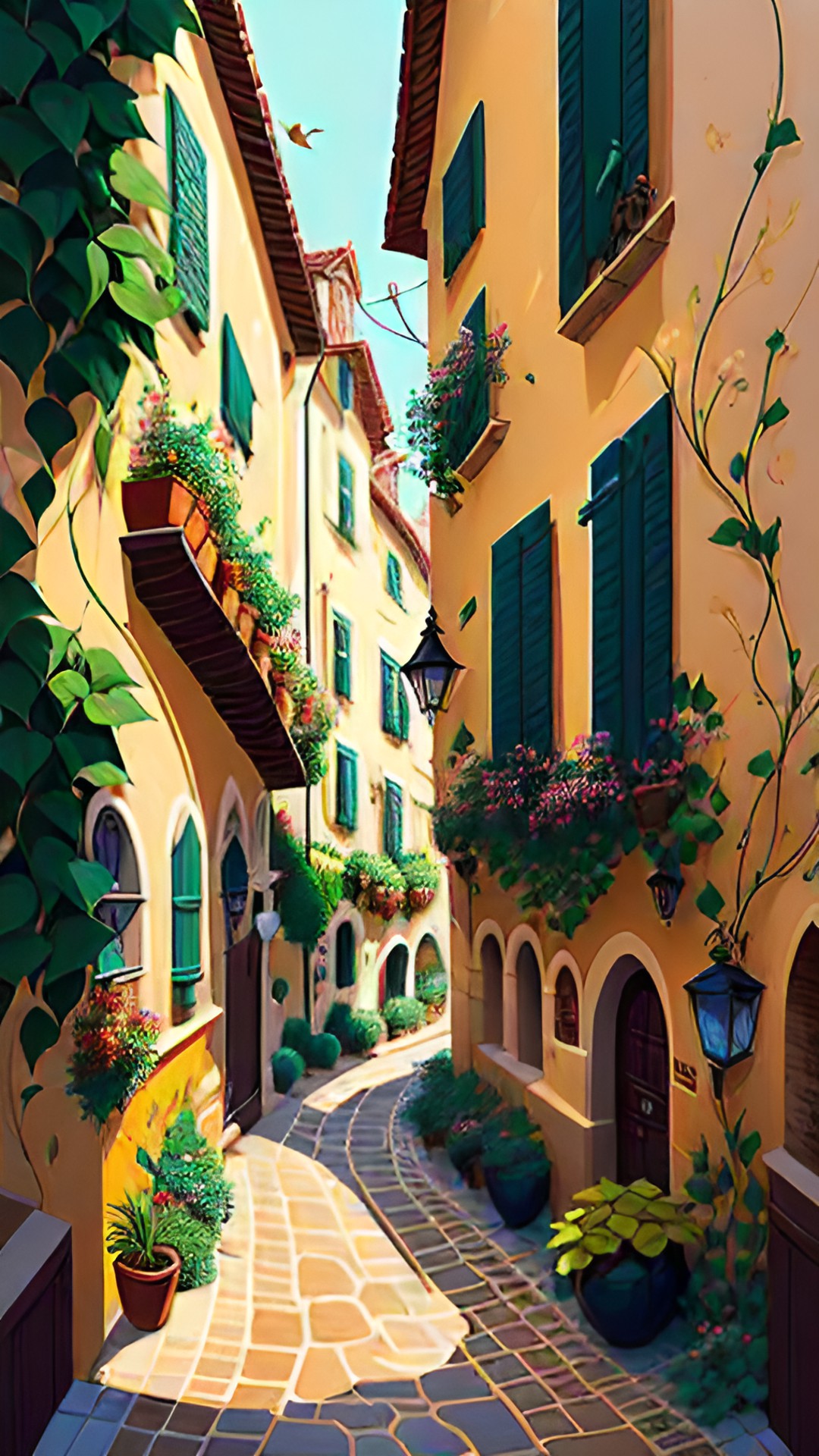 a narrow lane in an old town, with cobblestones and stone walls. the houses are close together and there's ivy growing on the walls. it looks like a peaceful and charming place. preview