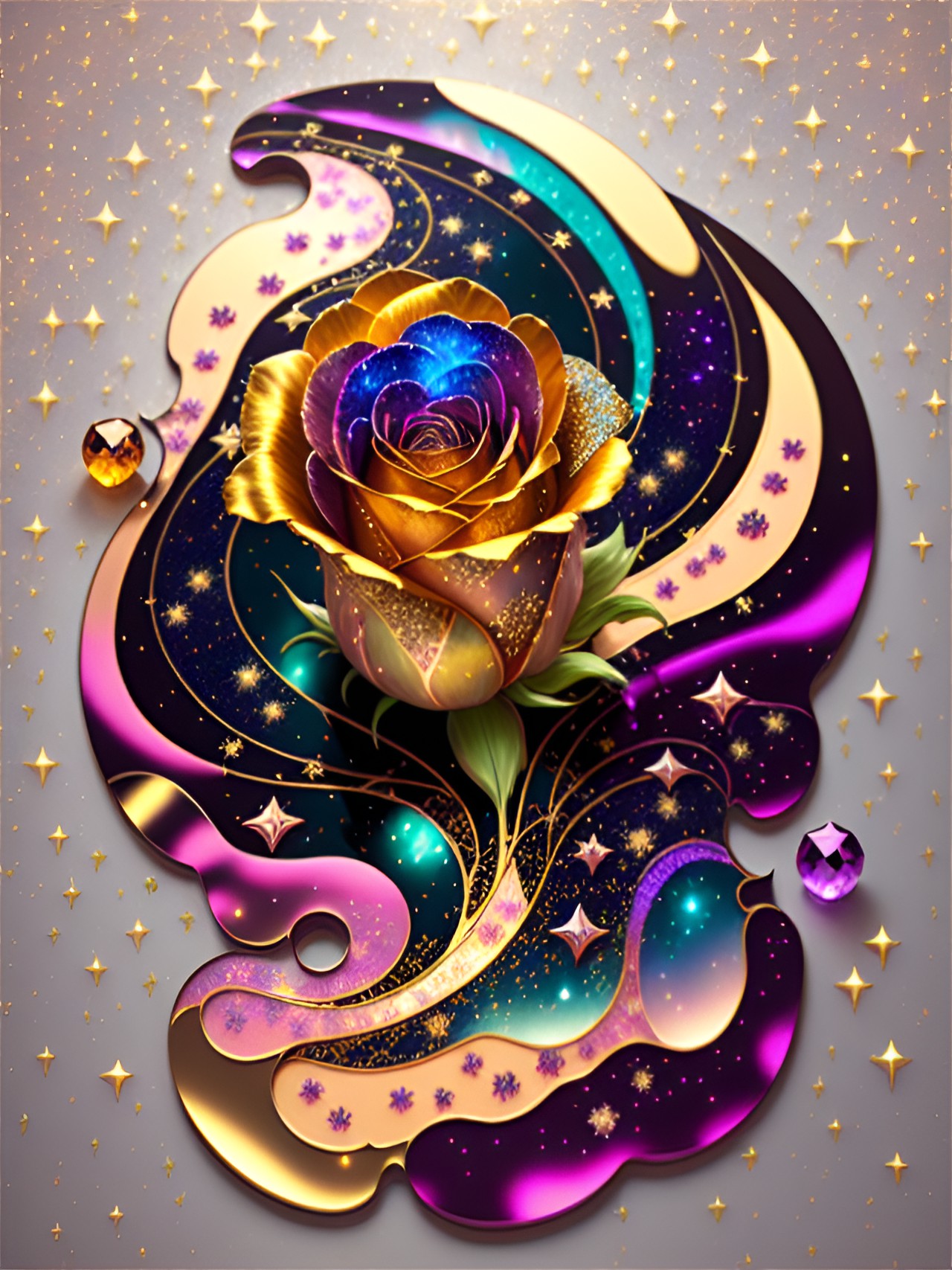 Milky Rose - marbled golden rainbow rose flower mosaic in pink, gold, blue and purple marbles full of diamonds and glitters as stars. preview