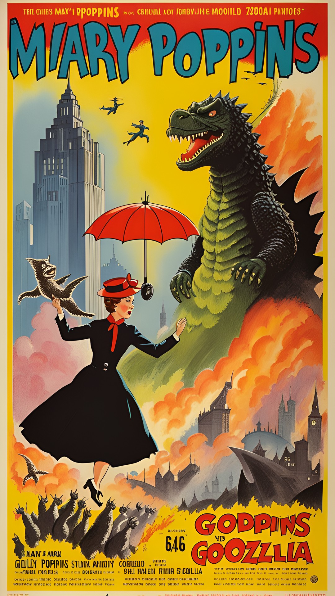 mary poppins vs godzilla. 1960’s movie poster preview