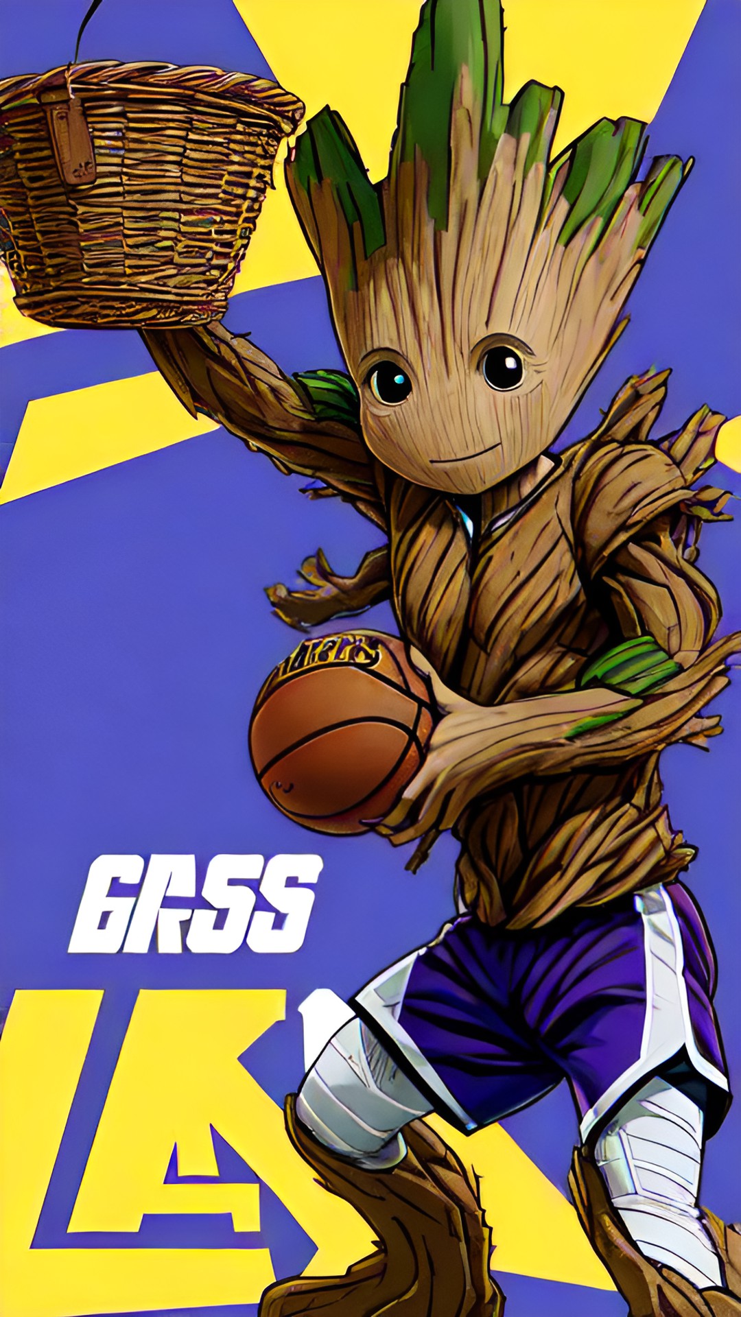 Groot - groot degli avengers con la maglia dei lakers che schiaccia a canestro preview