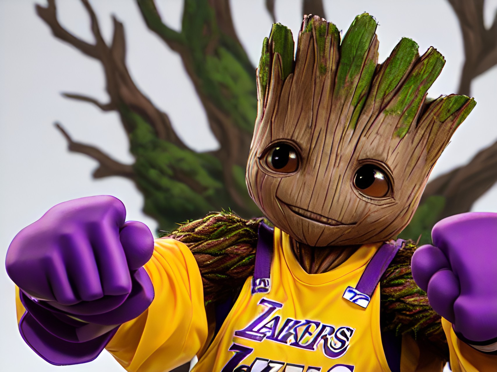 groot che fa karate con la maglietta dei lakers preview