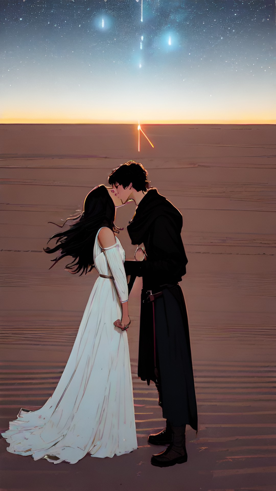 ben solo kissing rey skywalker under the stars desert preview