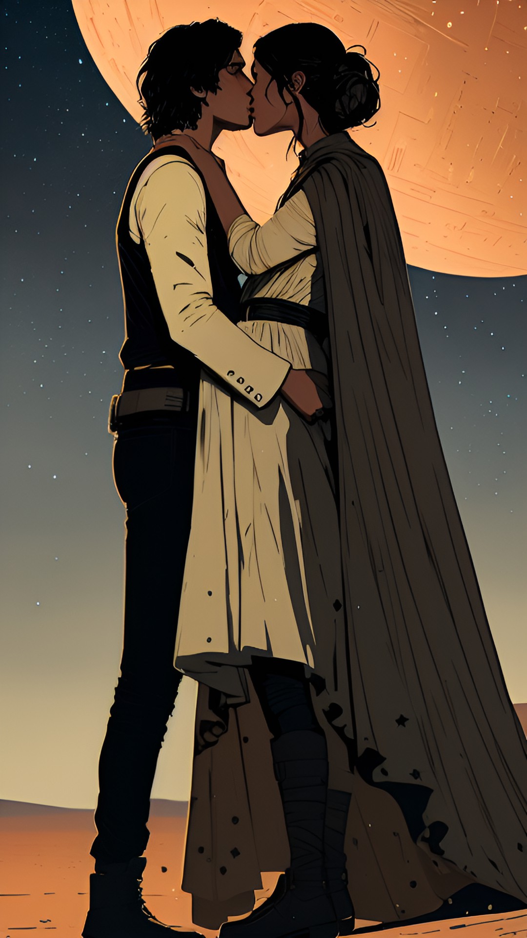 ben solo kissing rey skywalker under the stars desert preview