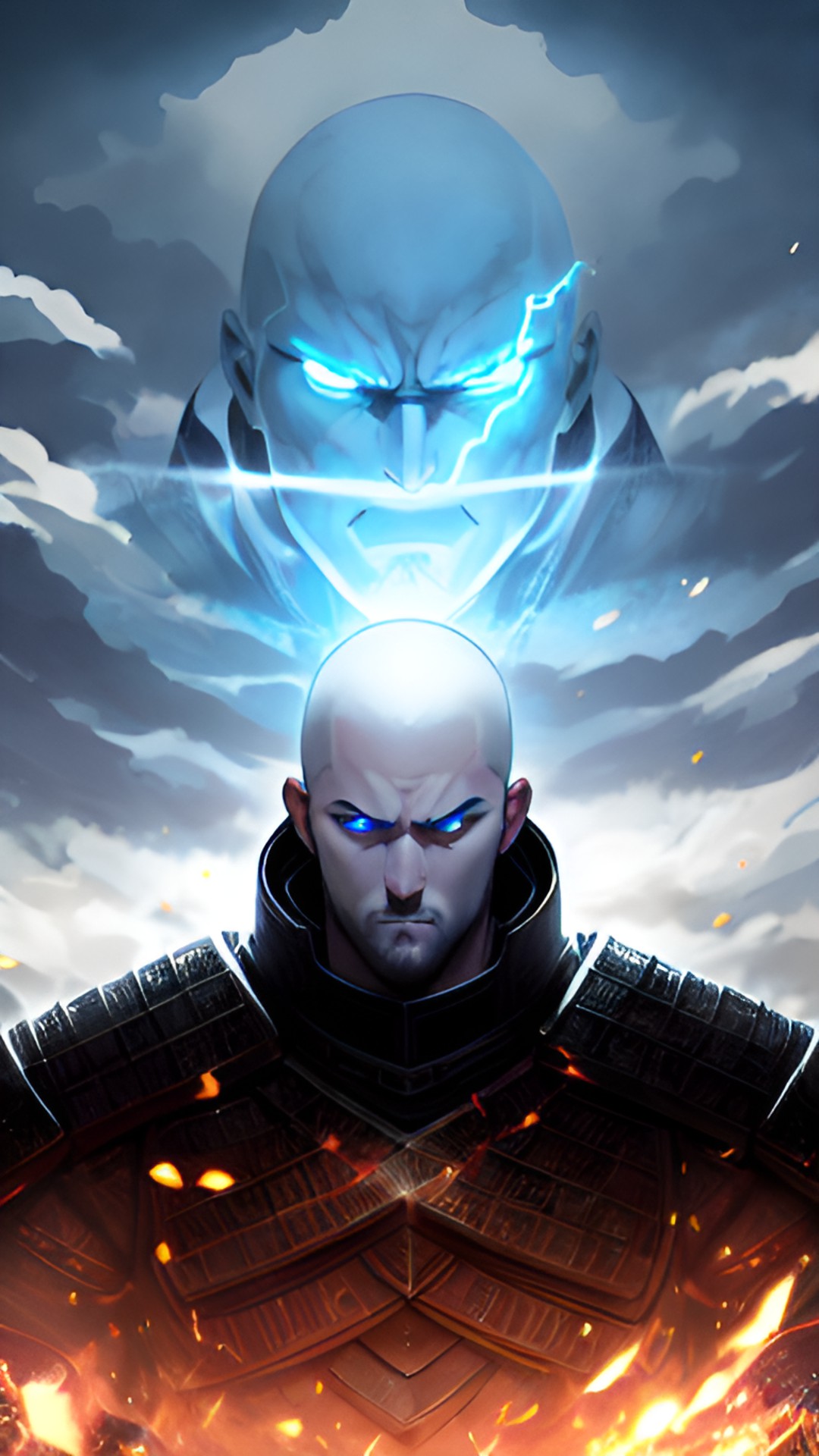 Test 3.0 - stoic and imposing man buzzed head, exuding strength wears black armor with silver runes glowing blue eyes exude power rugged face bears a diagonal battle scar preview