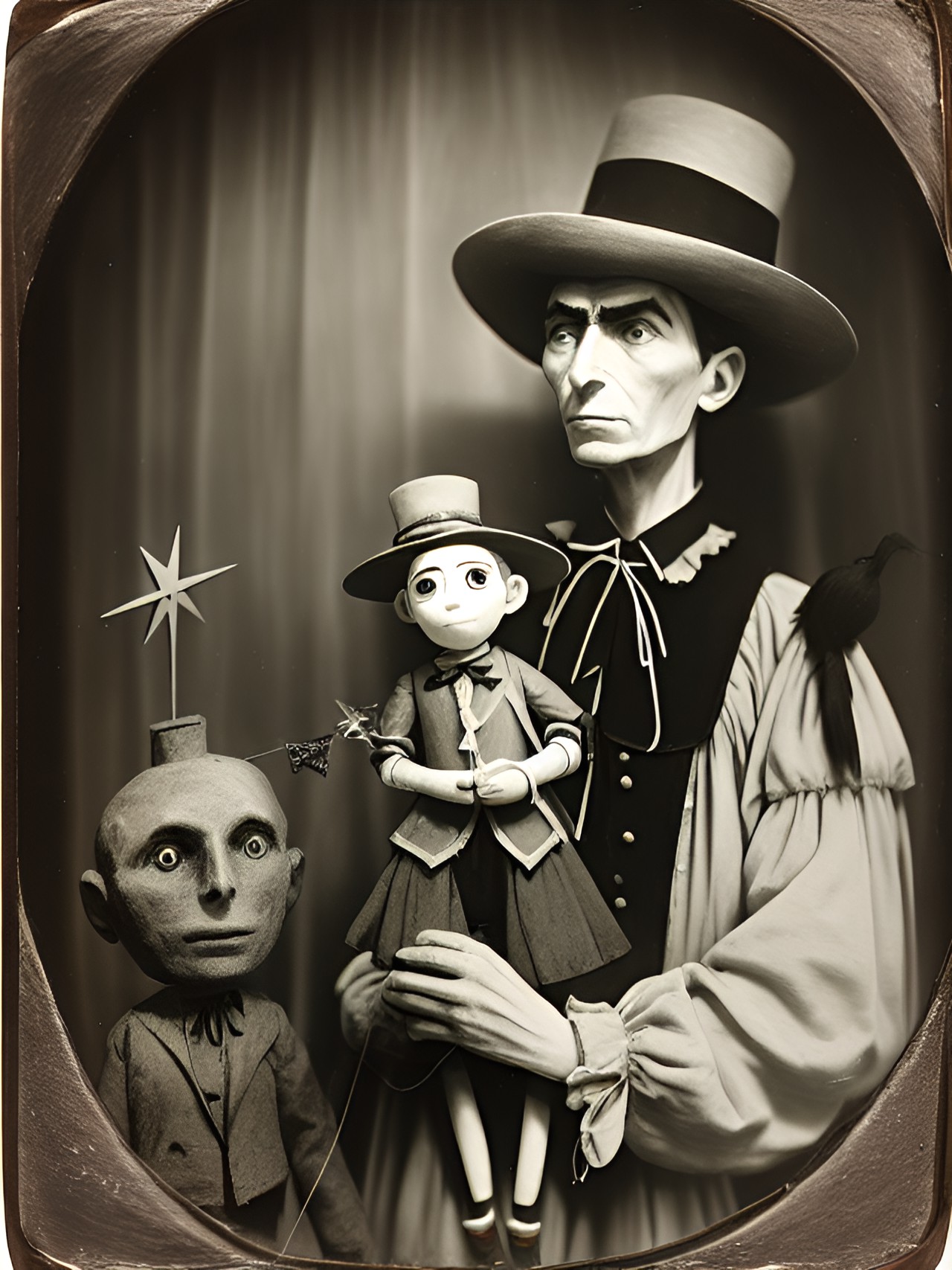 a marionette puppet holding a ventriloquist doll holding a voodoo doll, tintype by leonora carrington arthur tress, franz kafka, jheronimus  bosch, louis daguerre preview