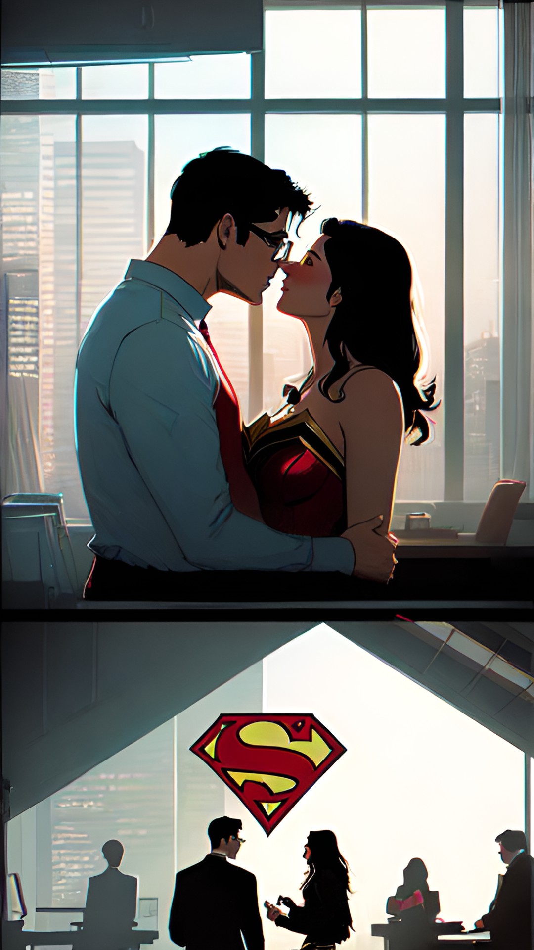 clark kent superman kissing wonder woman in the office preview