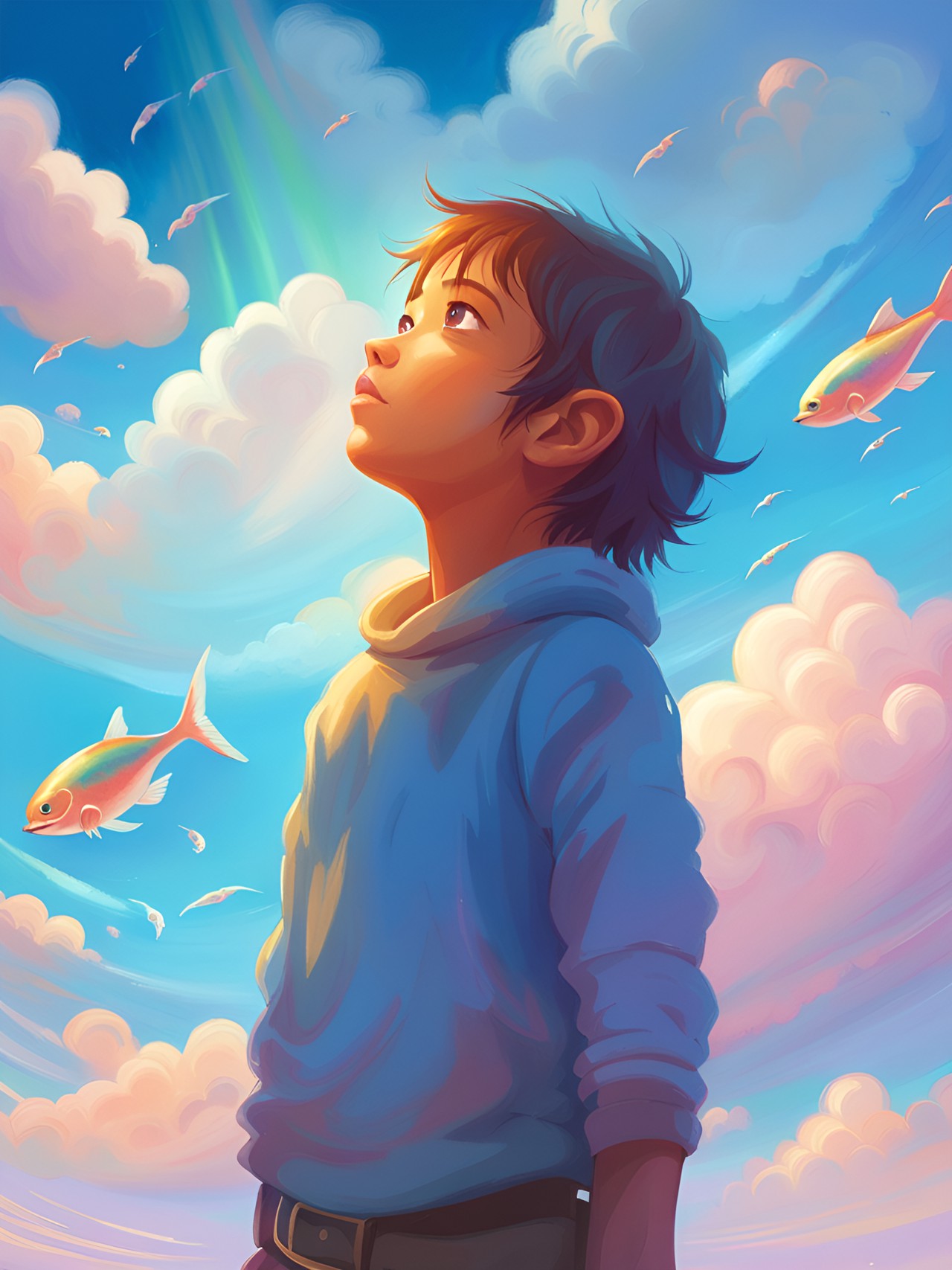 ☁️🐟 - a small person looking up at a sky full of cloud iridescence and cloud fish; anime; hd; glistening; pastel preview