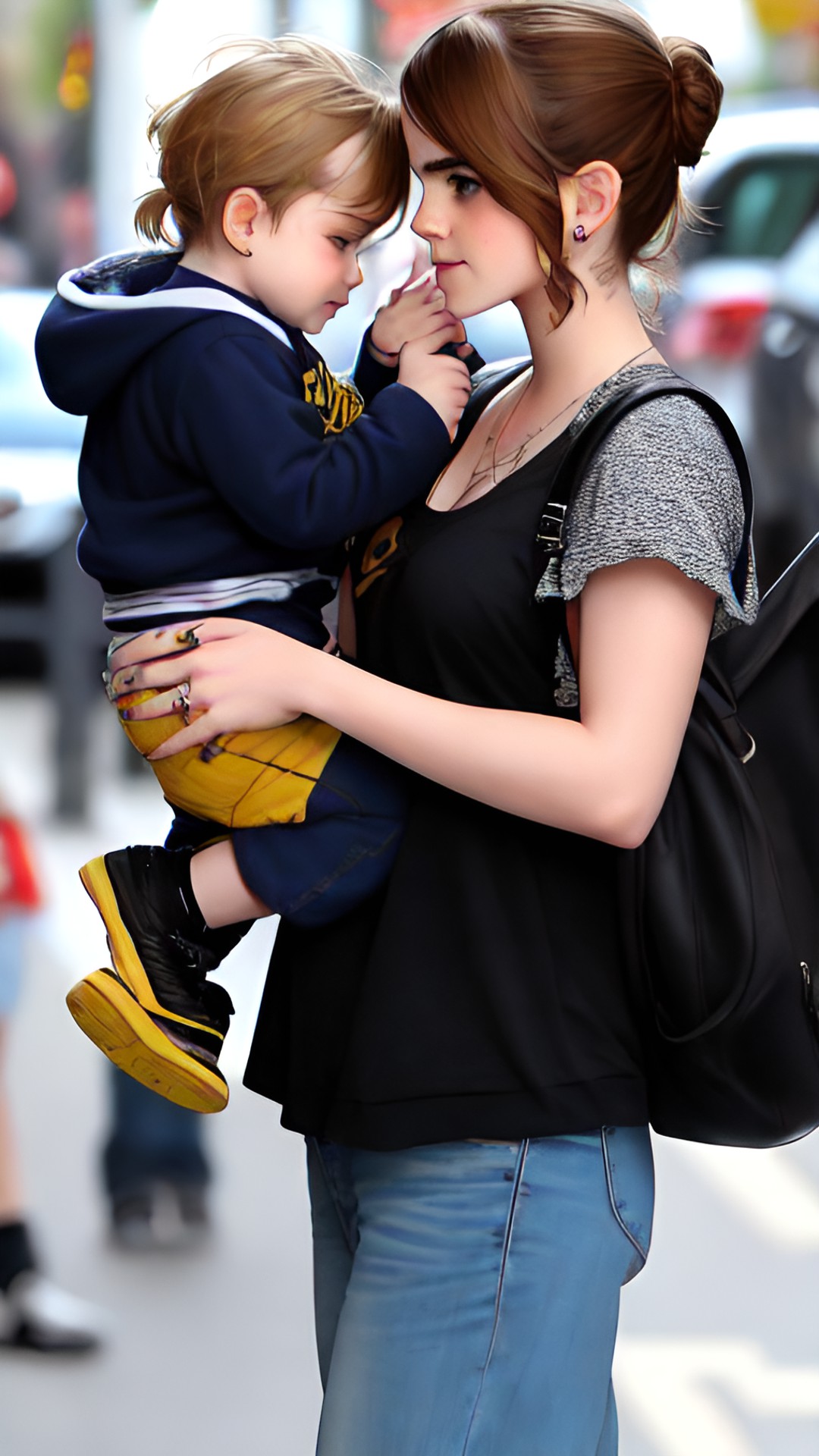 emma watson with tattoos holding her son while his twin sister plays next to them preview