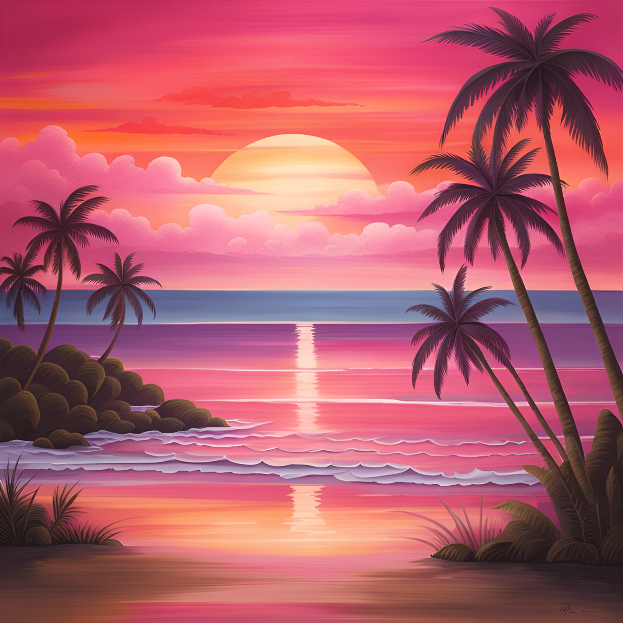 pink sunset - a stunning pink and orange sunset over a peaceful ocean with palm trees swaying in the foreground, creating a picturesque tropical paradise." preview