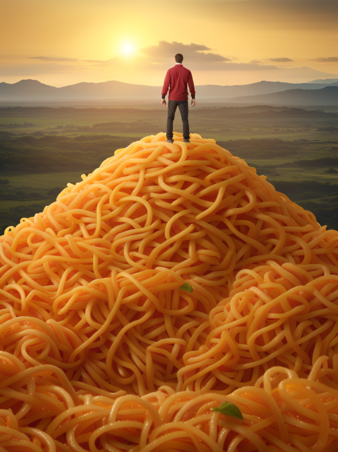 man, standing on top of a spaghetti mountain, uhd, 8k preview