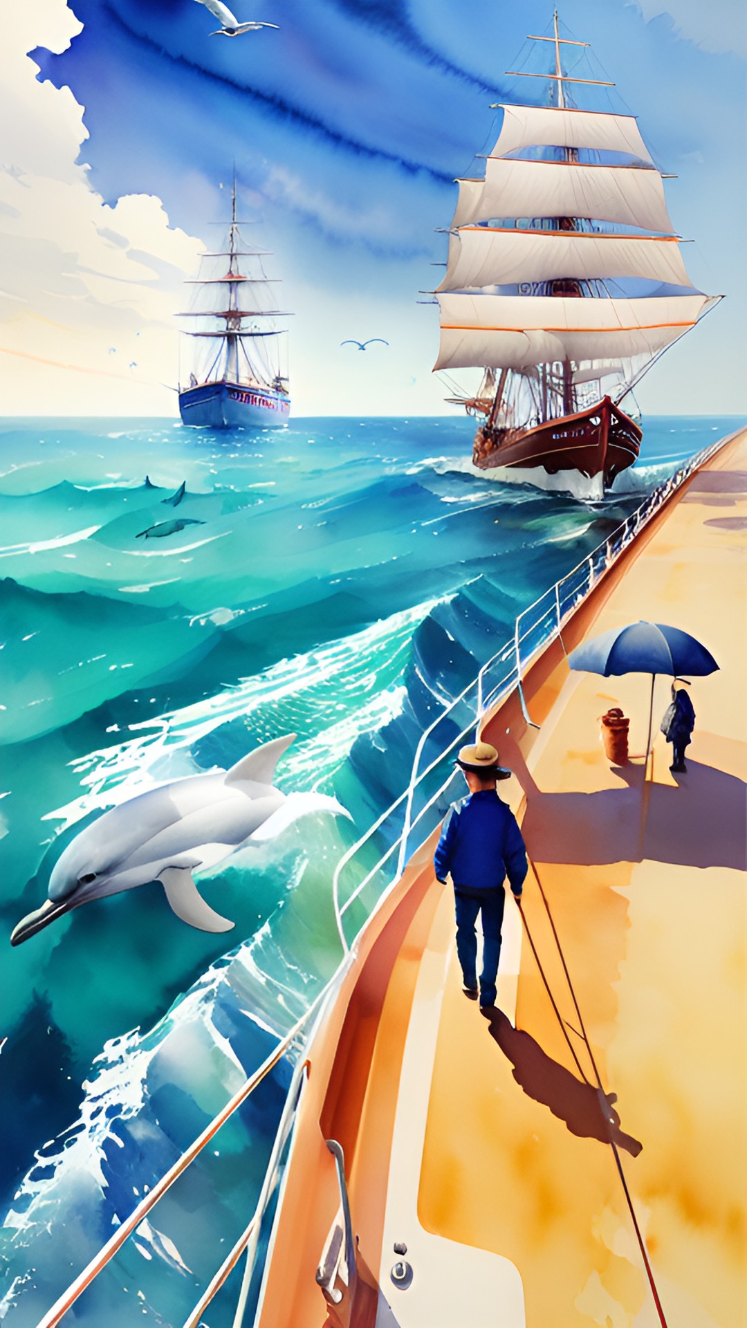 Sailing waterc. v2 - sailing on the ocean sunshine on the waves and dolphins playing aroud the tallship surrounded by seagulls
highly detailed
realistic preview