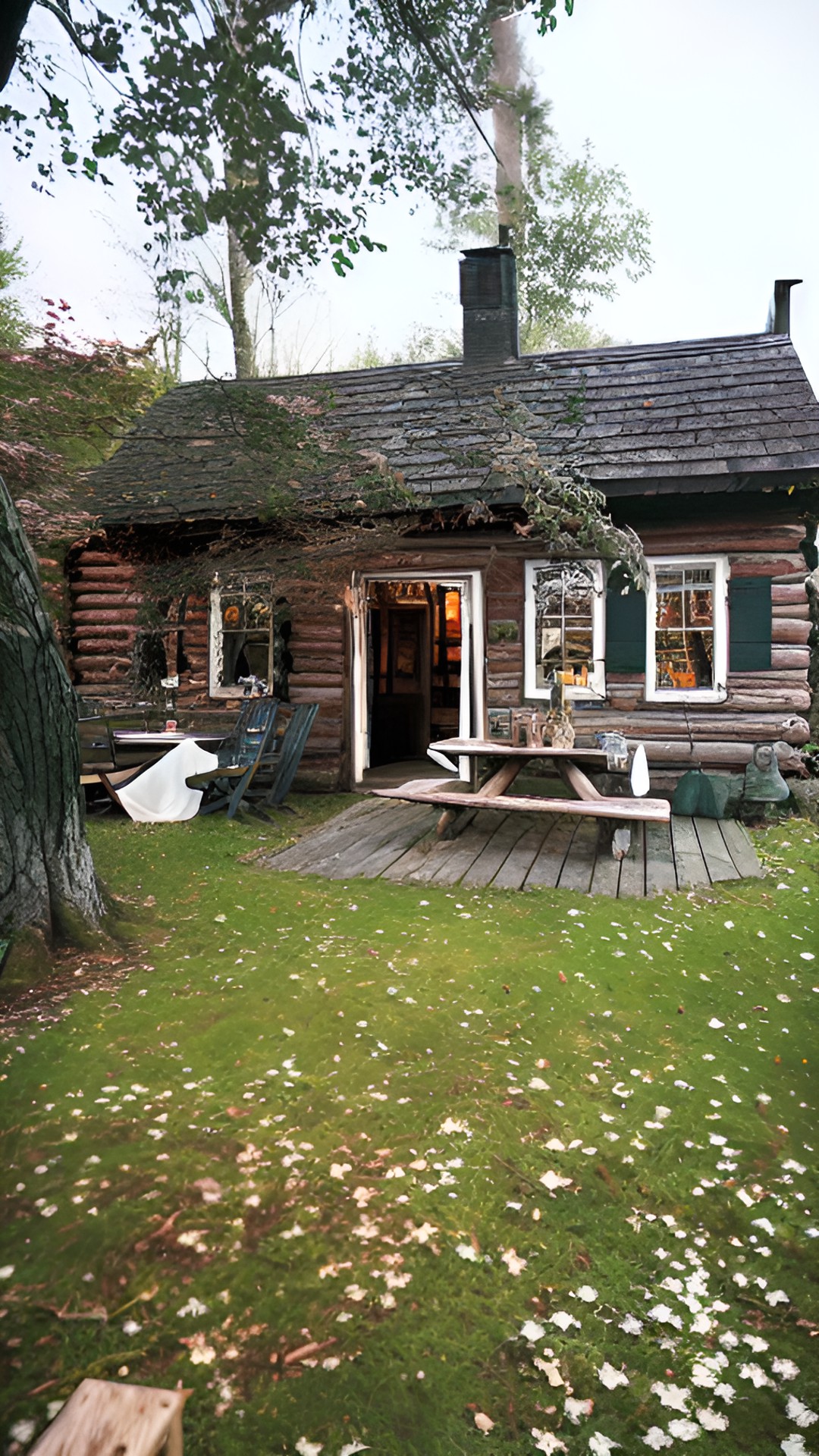 creepy forest cabin with a wooden picnic table and a chair in the garden preview