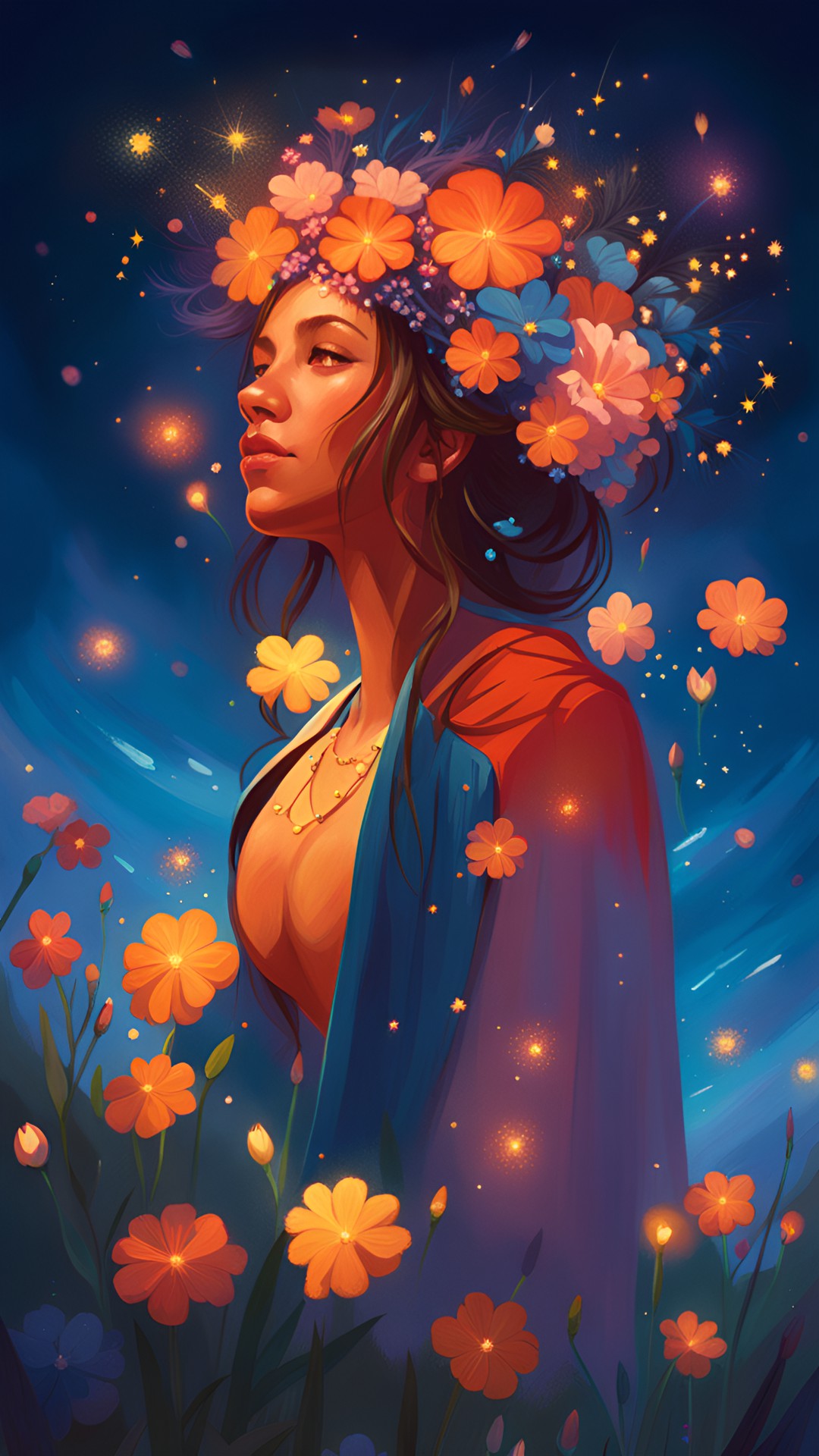 wild wandering woman with flowers in her hair and stars beneath her feet preview