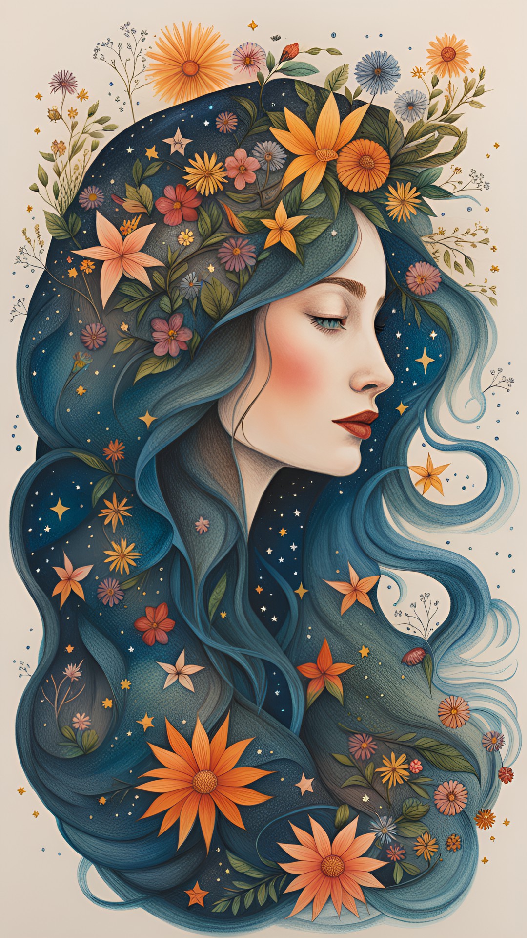 wild wandering woman with flowers in her hair and stars beneath her feet preview