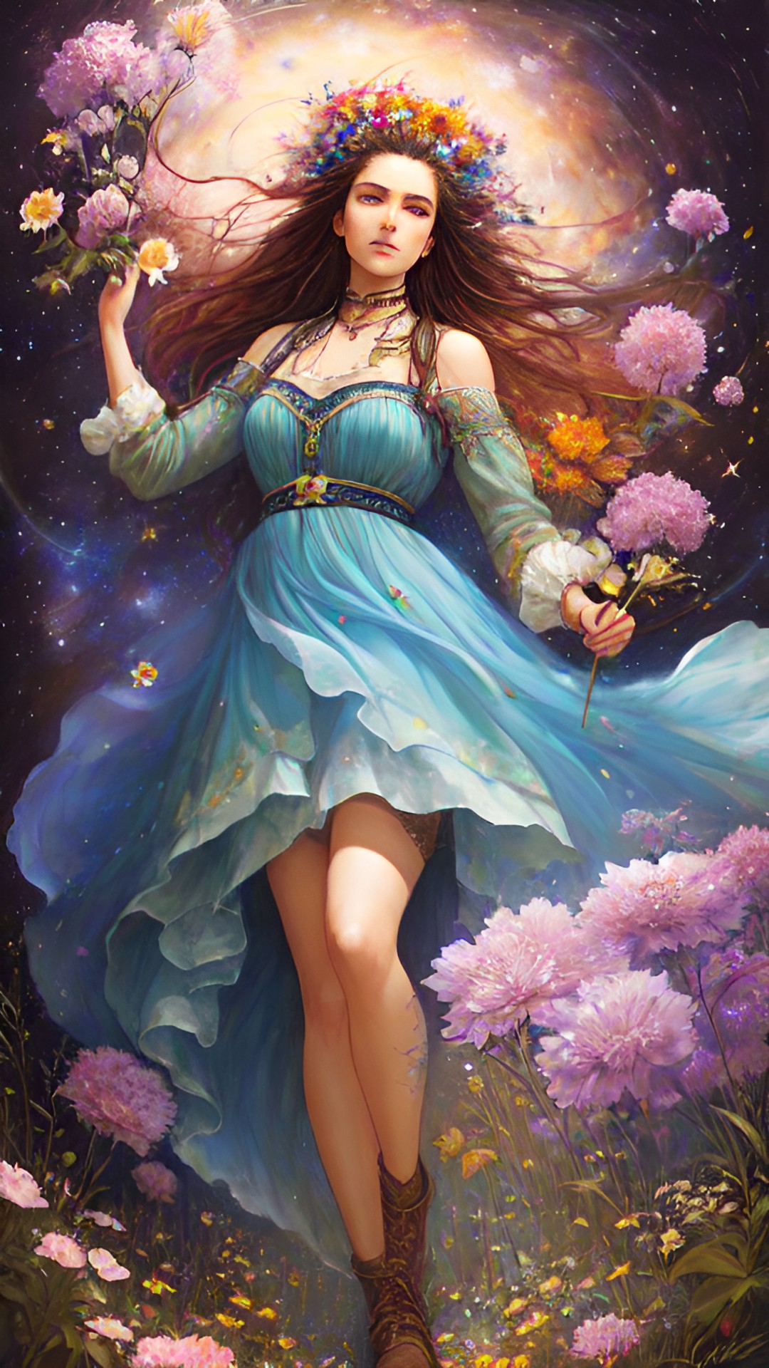 wild wandering woman with flowers in her hair and stars beneath her feet preview