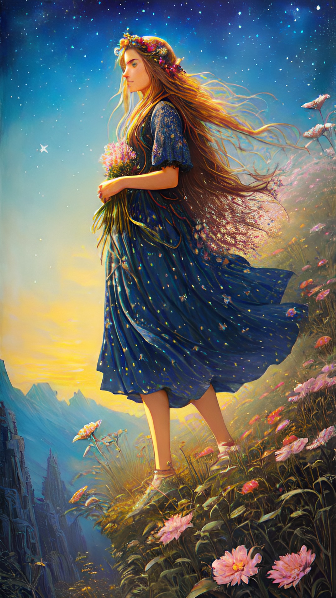 wild wandering woman with flowers in her hair and stars beneath her feet preview