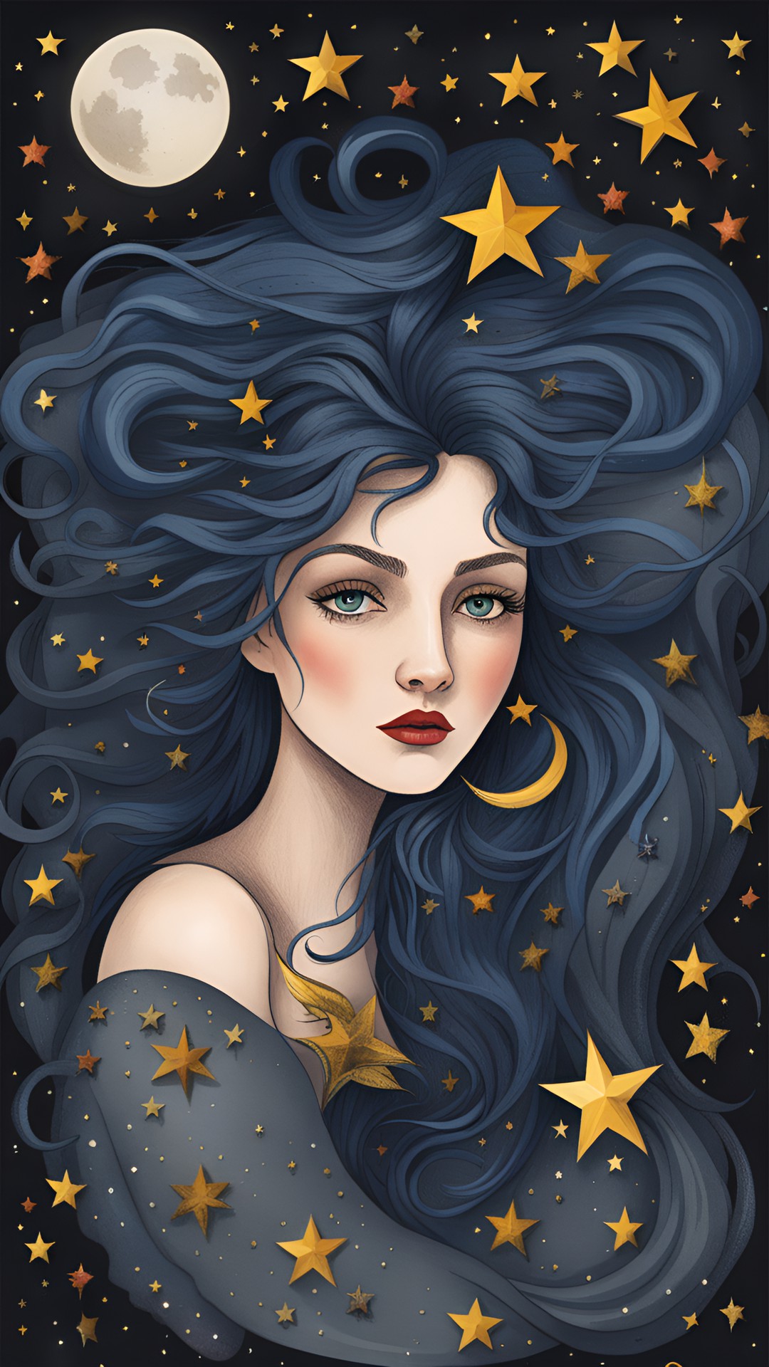 wild wandering woman with bright eyes and mischief in her heart, with stars  in her hair and the moon beneath her feet preview