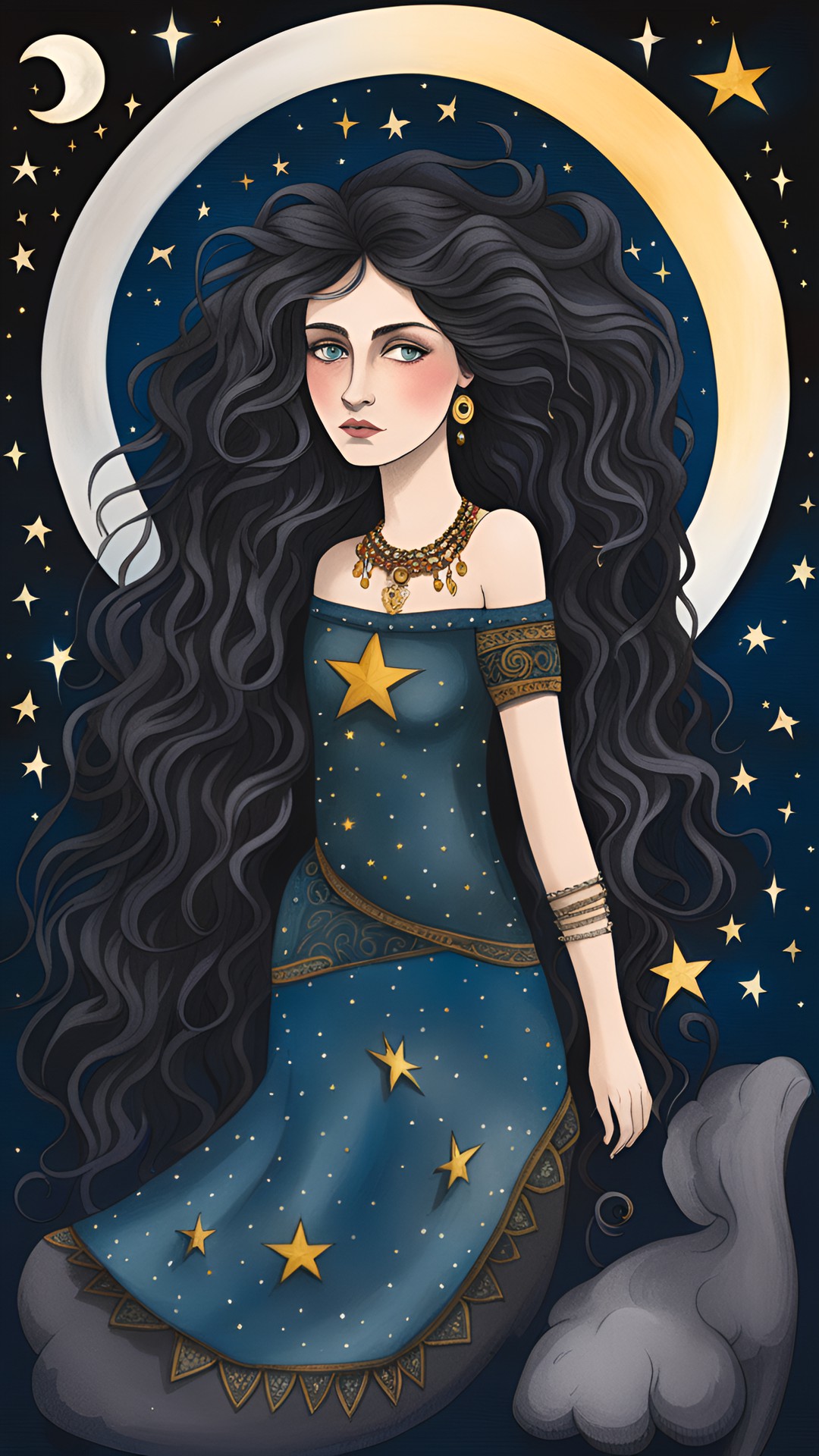 wild wandering woman with bright eyes and mischief in her heart, with stars  in her hair and the moon beneath her feet preview