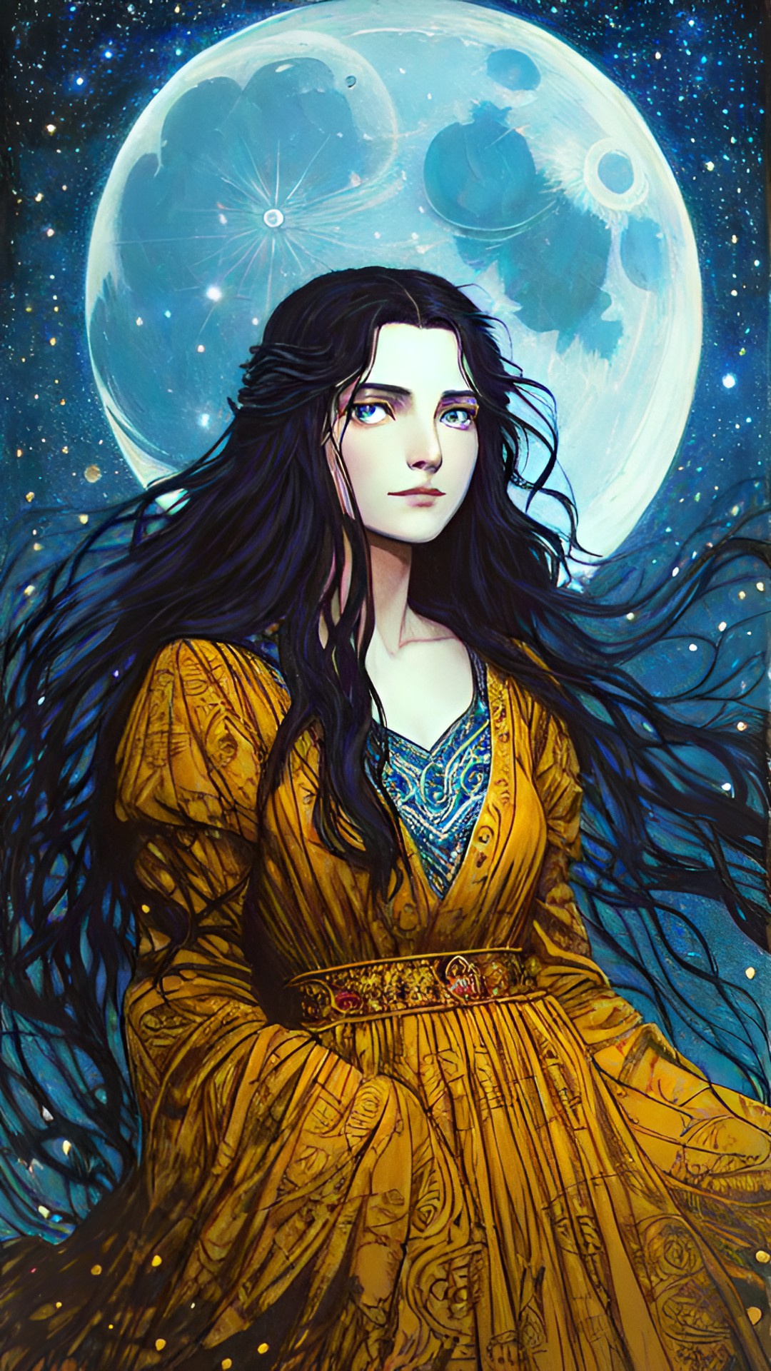 wild wandering woman with bright eyes and mischief in her heart, with stars  in her hair and the moon beneath her feet preview