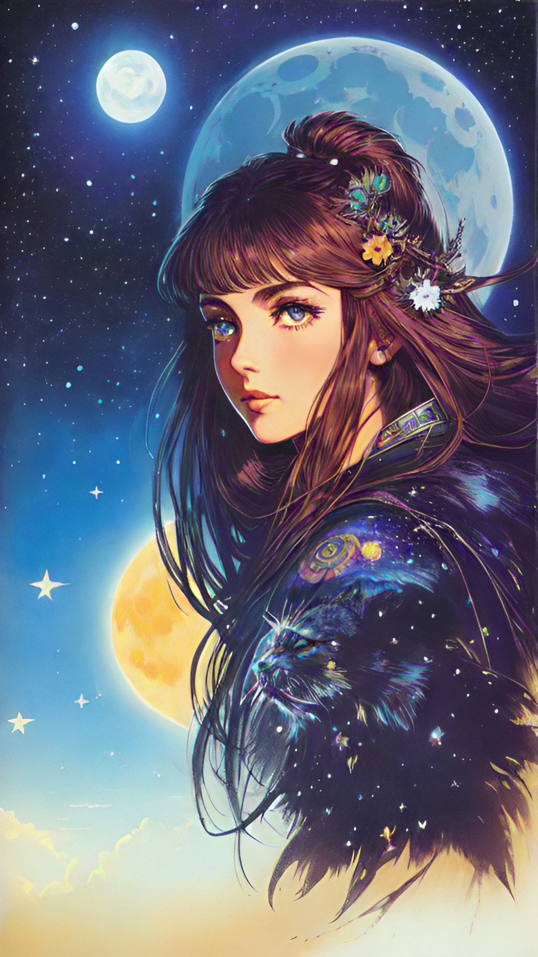 wild wandering woman with bright eyes and mischief in her heart, with stars  in her hair and the moon beneath her feet preview