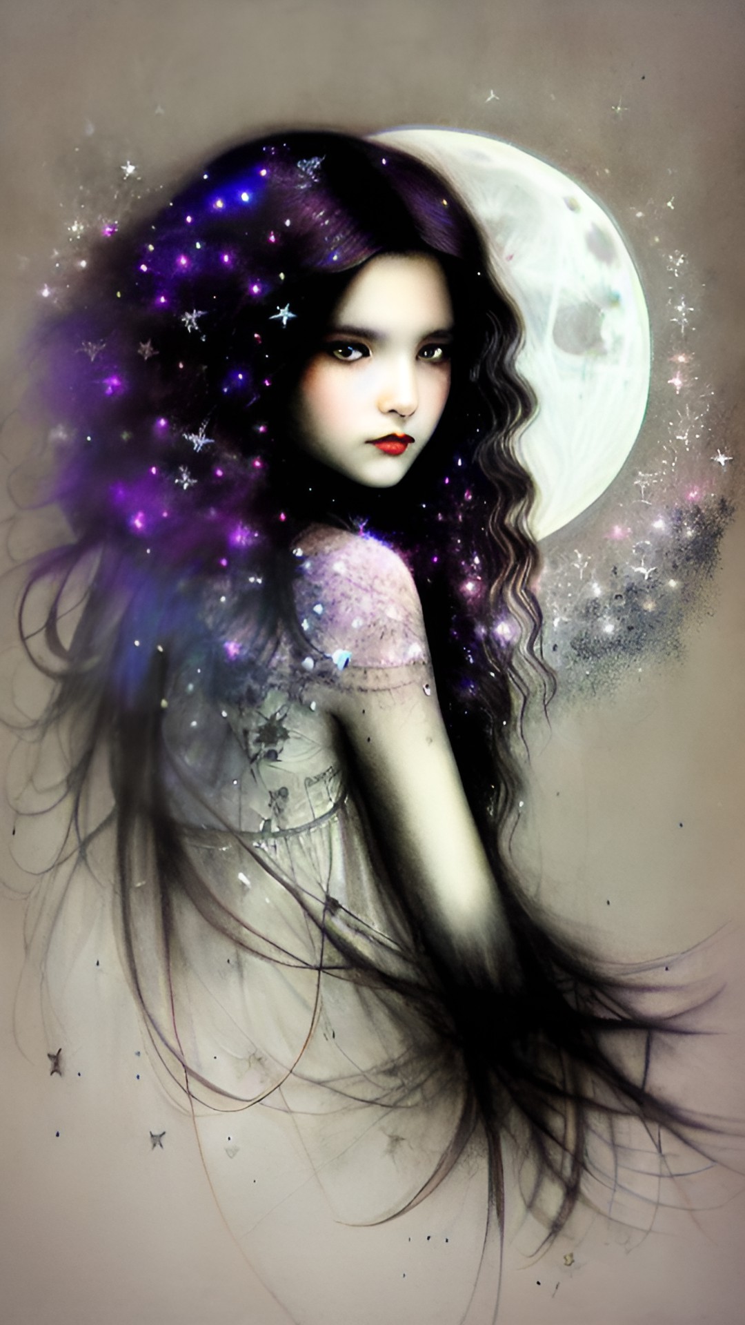 wild wandering woman with bright eyes and mischief in her heart, with stars  in her hair and the moon beneath her feet preview