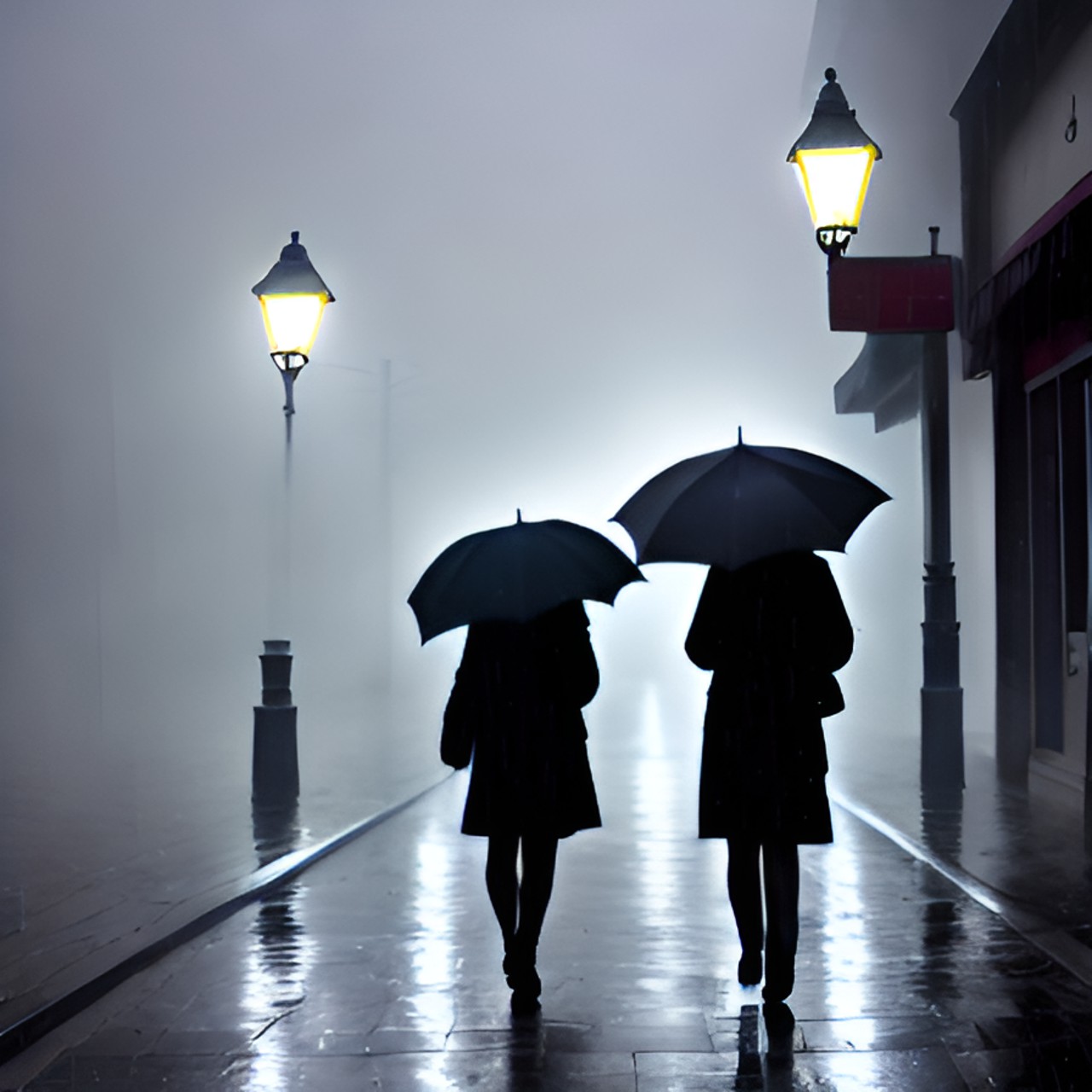 walking in raining day dark street, under soft ligth, fog, depresse preview