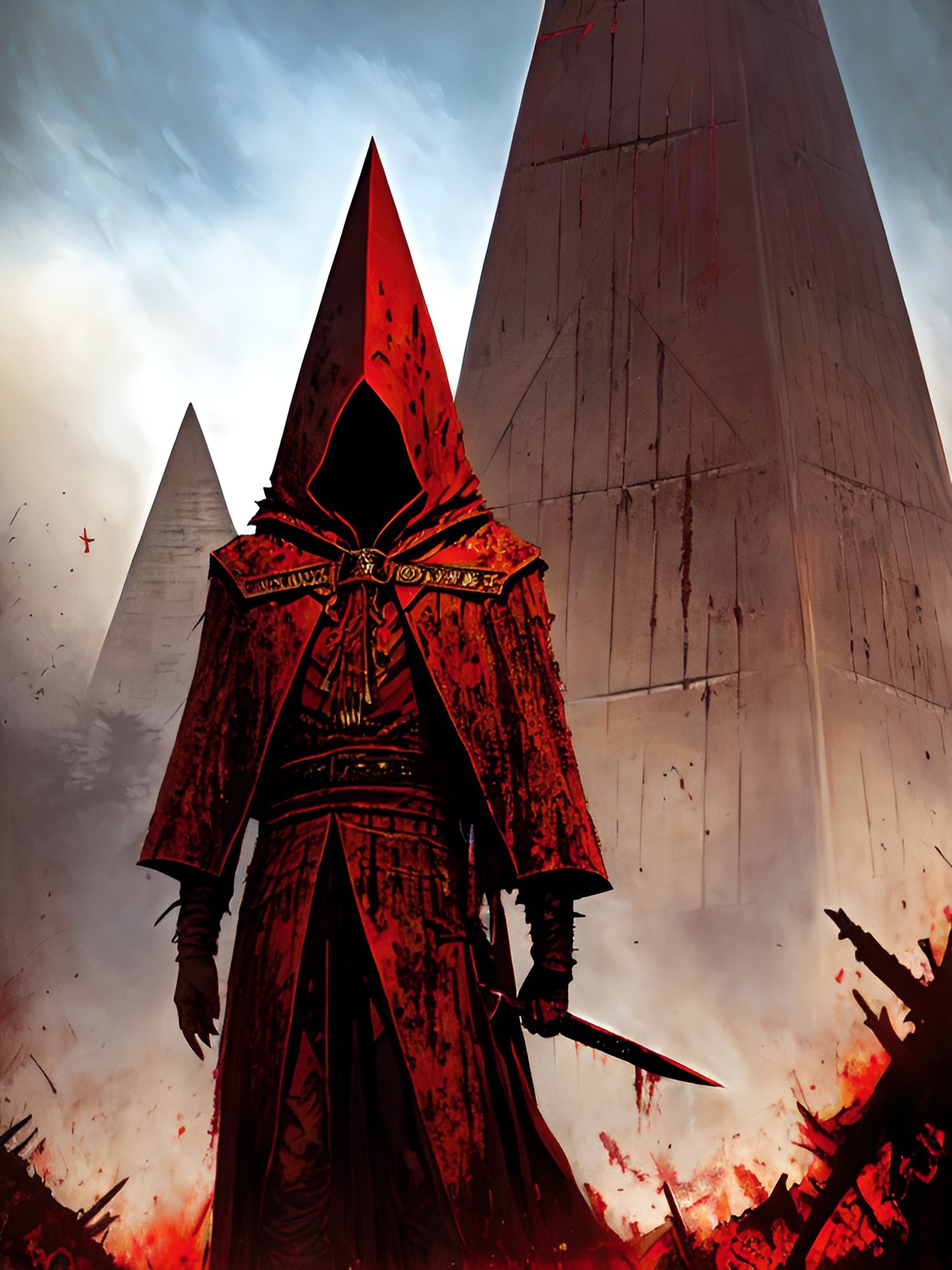 pyramidhead - a towering, faceless figure clad in rusty, blood-stained armor, hefting a huge, serrated greatsword. preview