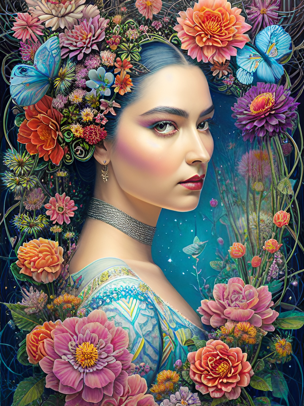 infinity mirror woman portrait surrounded by voluptuous sensual flowers preview