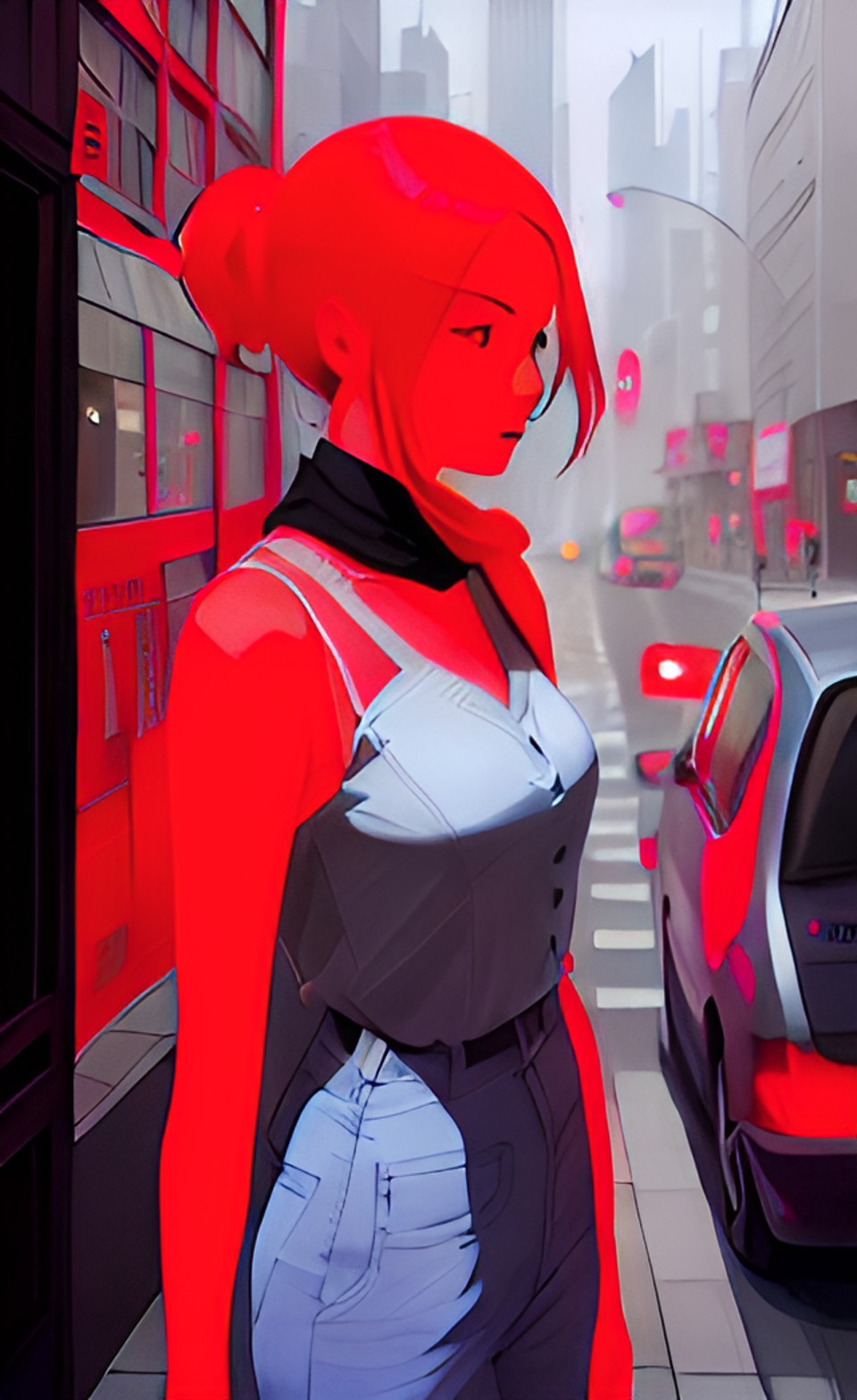 red lady in city preview