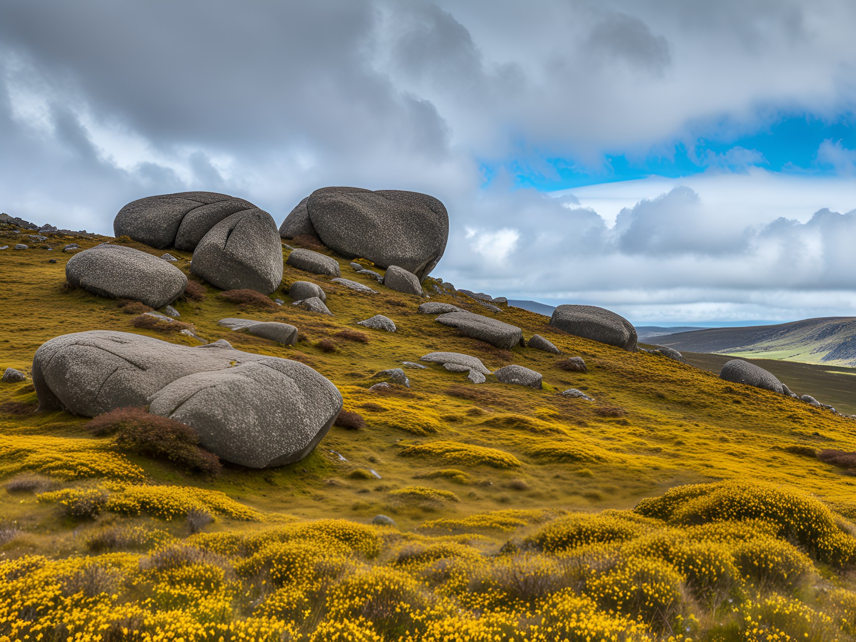 on every side stretched the moorland, covered with flowering gorse and heath and granite boulders. there was not a tree in sight, much less a house. preview