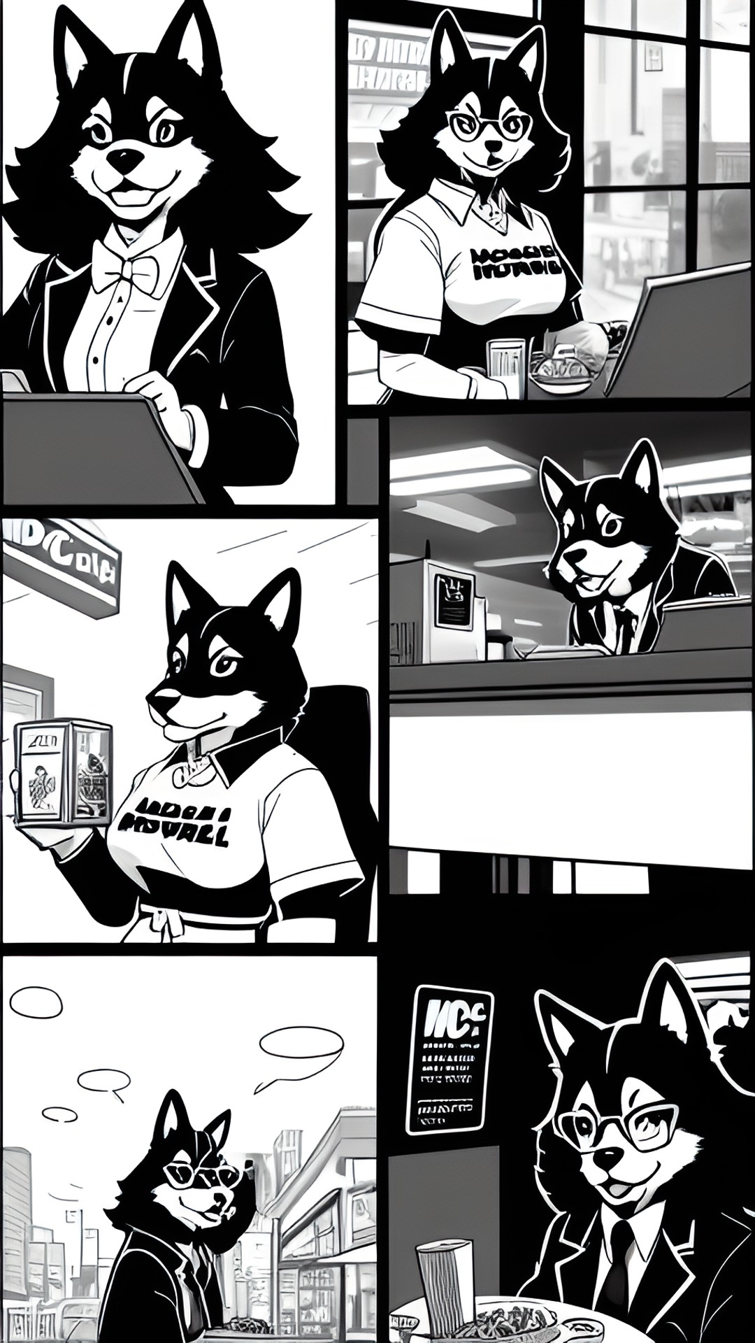 draw a dog woman ordering food from mcdonalds in a dc comic art style, with dramatic lighting angles and lots of shadows preview