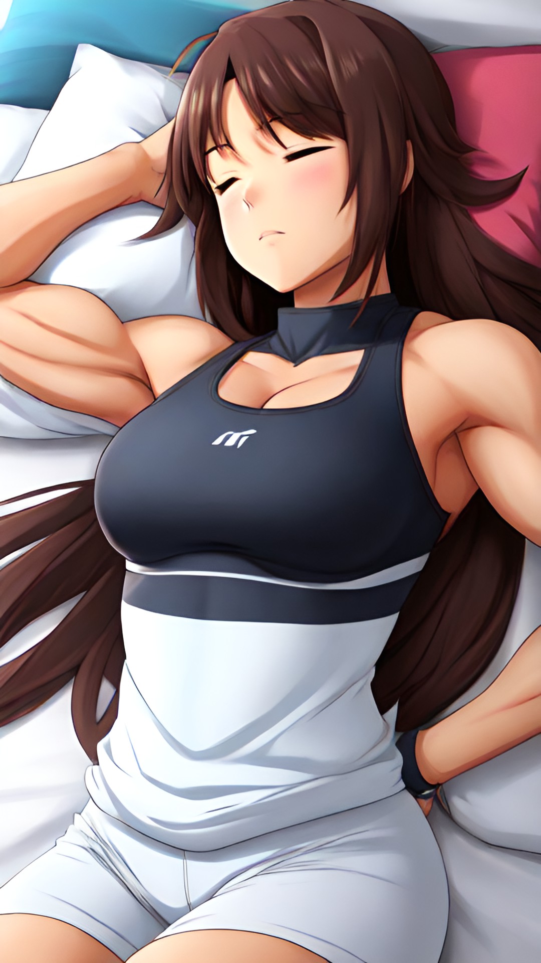 anime style.her muscles are very bulging.sleeping in bed preview