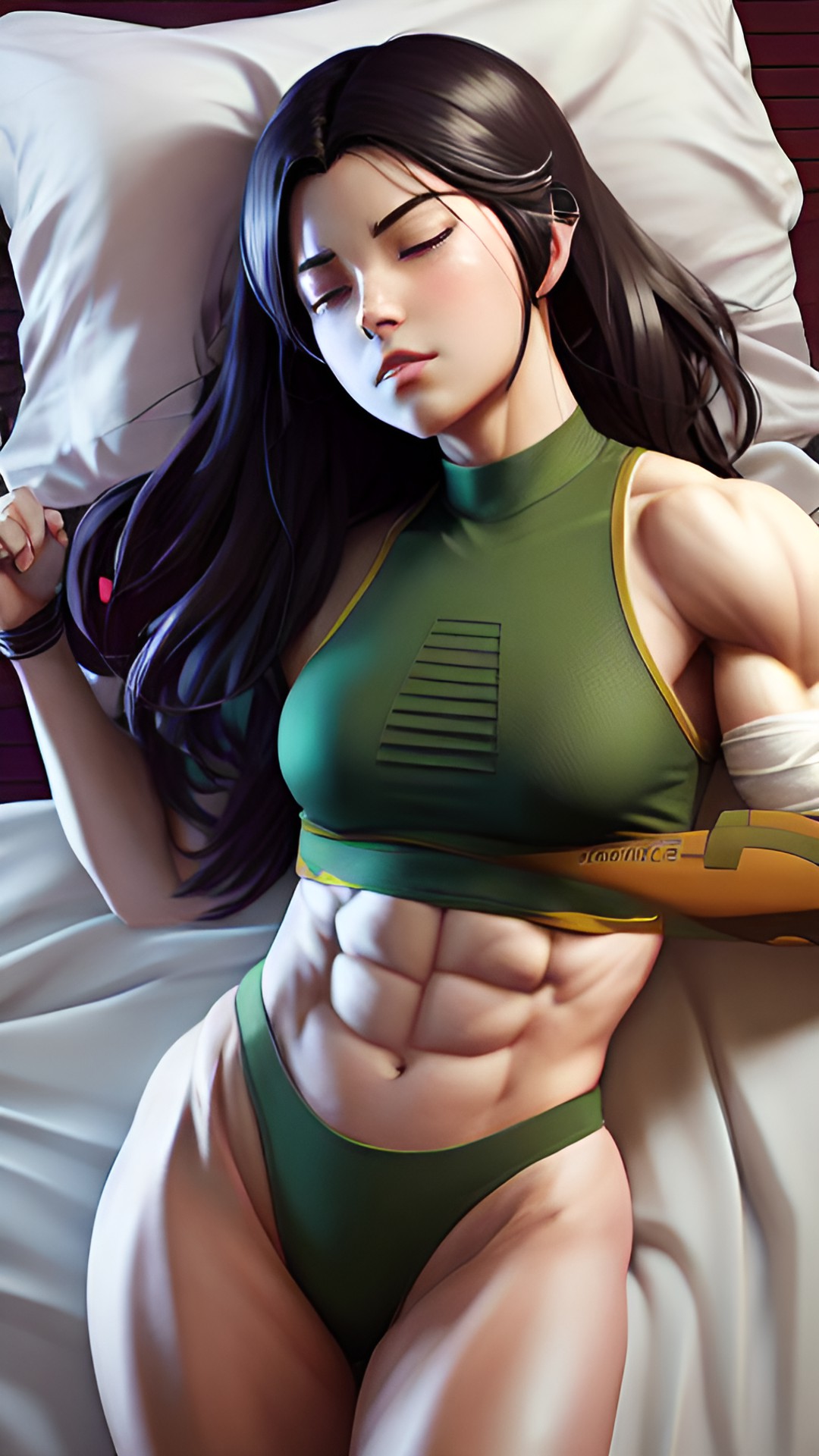 anime style.her muscles are very bulging.sleeping in bed preview