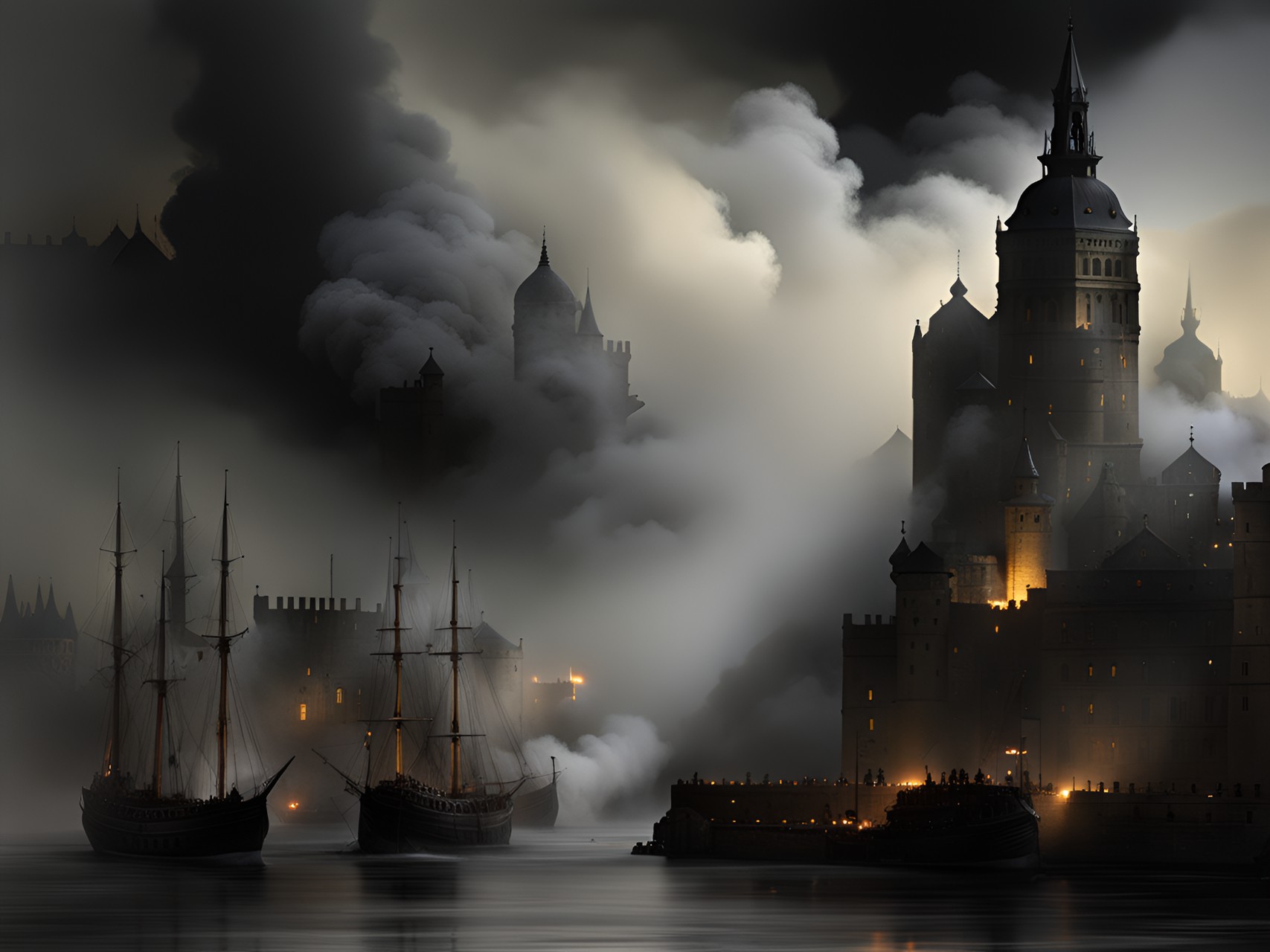 a black cloud hung over the fortifications. from horizon to horizon the canon smoke stretched in wavering bands, now capping the spires and domes with cloud,  now blowing in streamers and shreds along the streets, now descending from the housetops, enveloping quays, bridges, and river in a sulphurous mist. preview