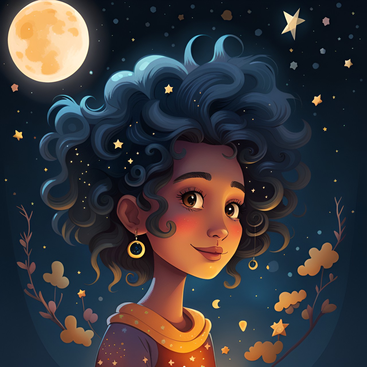 wild wandering woman with bright eyes and mischief in her heart, with stars  in her hair and the moon beneath her feet preview