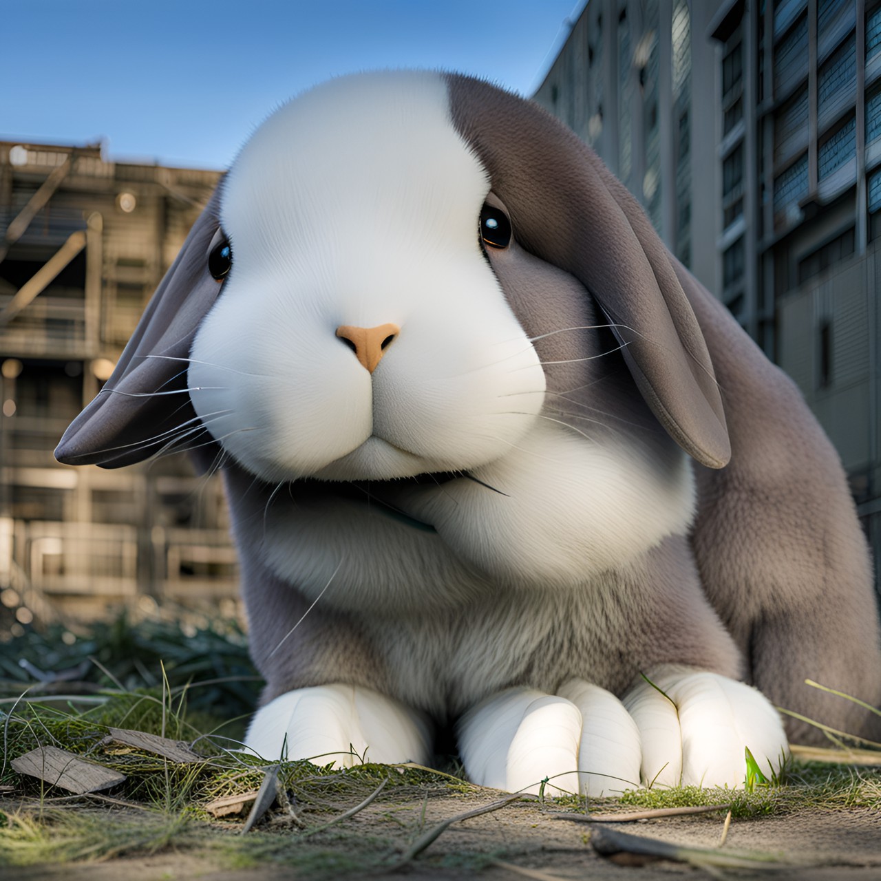 gigantic stuffed rabbit in an industrial preview