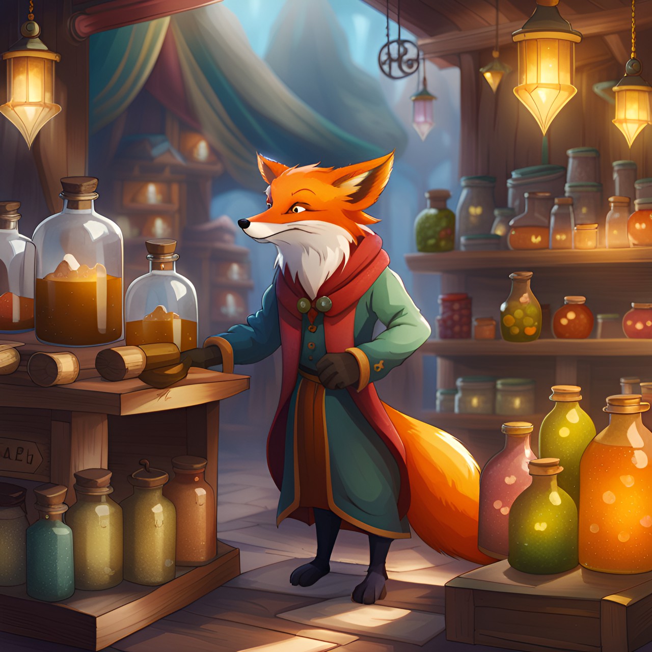 fox selling potions in a magical market preview