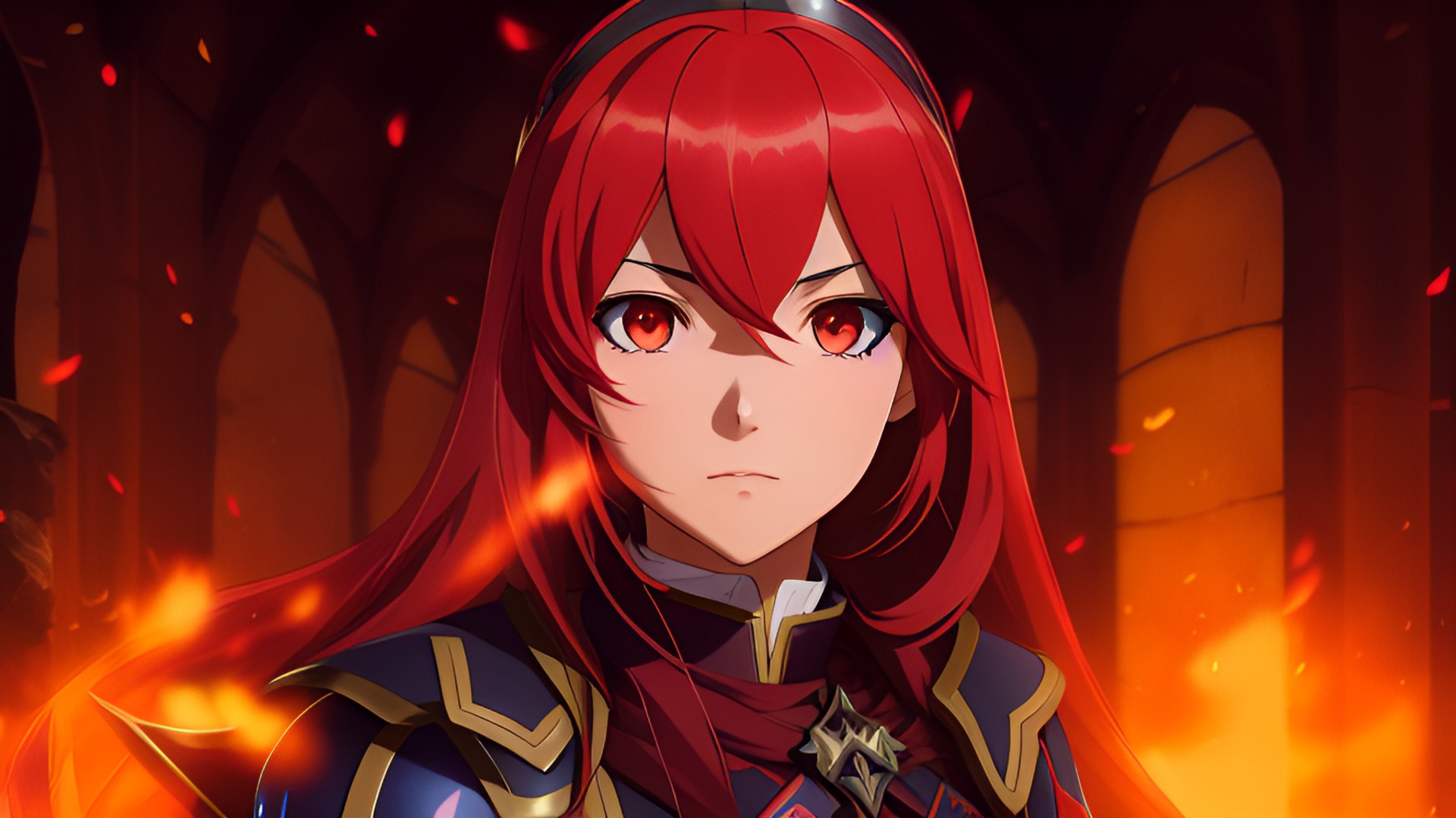 Evil lucina - lucina from fire emblem, she have red long hair with red eyes, she wear a red armor with black cape and belt also shoulder pads, she glowing red aura darkness magic around her, her personality ￼evil villain wit evil face preview