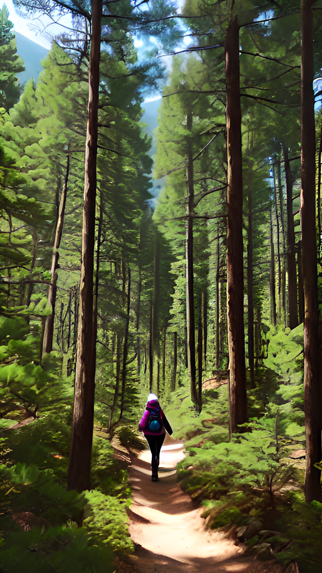 imagen de una niña feliz caminando por un bosque de pinos, con el fondo de una montaña preview